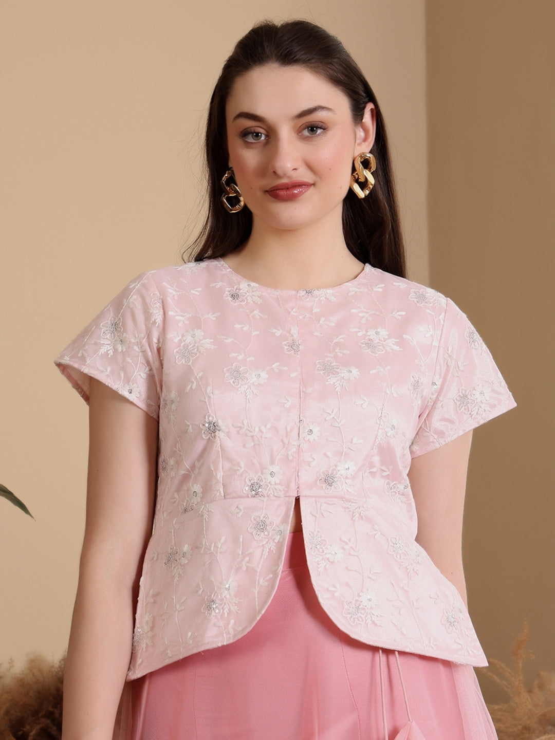 Frolic Rolic Baby Pink Women Net Embroidered Waist Length Round Neck Short Sleeves Blouse