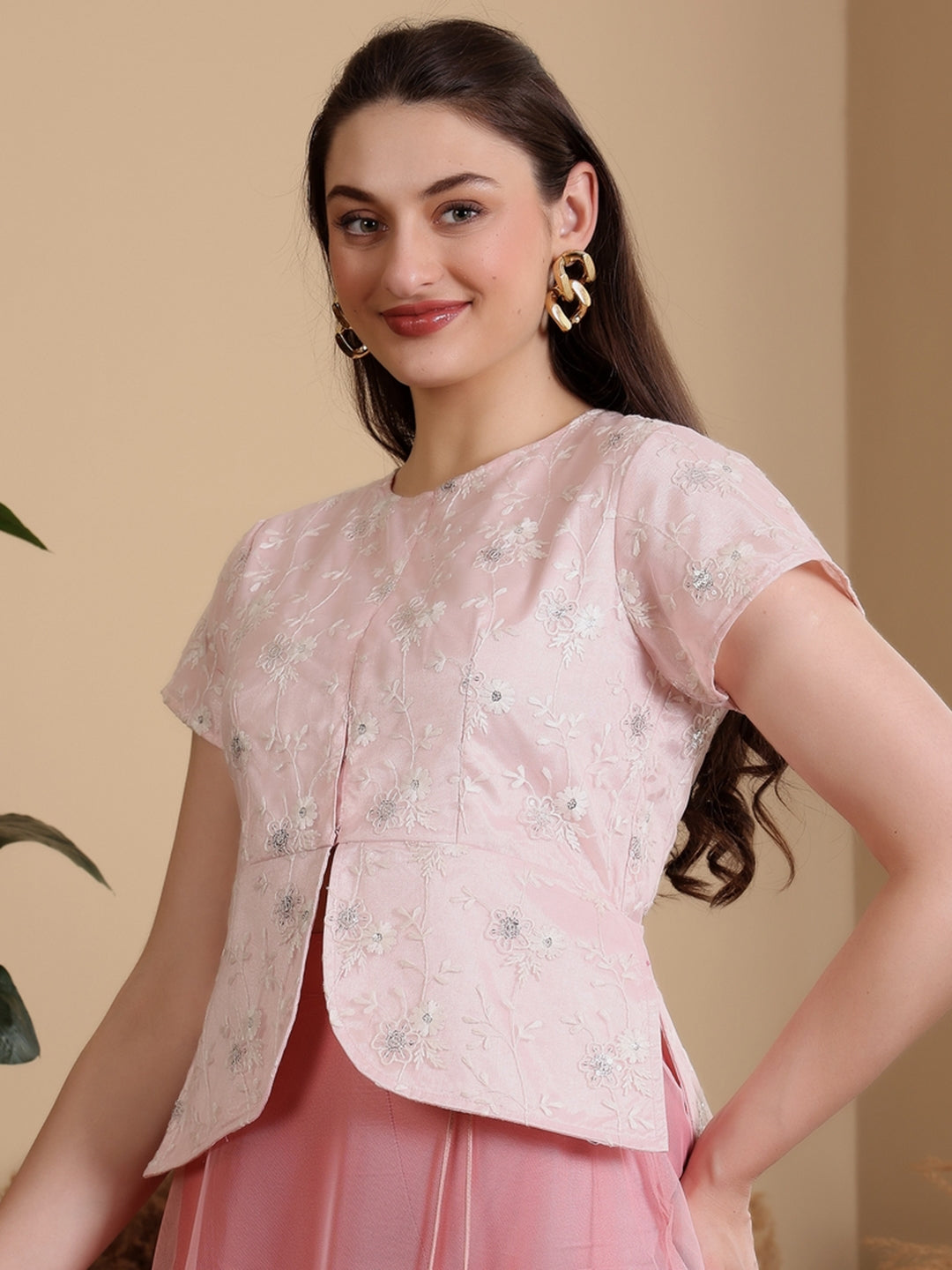 Frolic Rolic Baby Pink Women Net Embroidered Waist Length Round Neck Short Sleeves Blouse