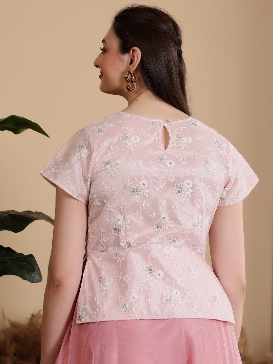 Frolic Rolic Baby Pink Women Net Embroidered Waist Length Round Neck Short Sleeves Blouse