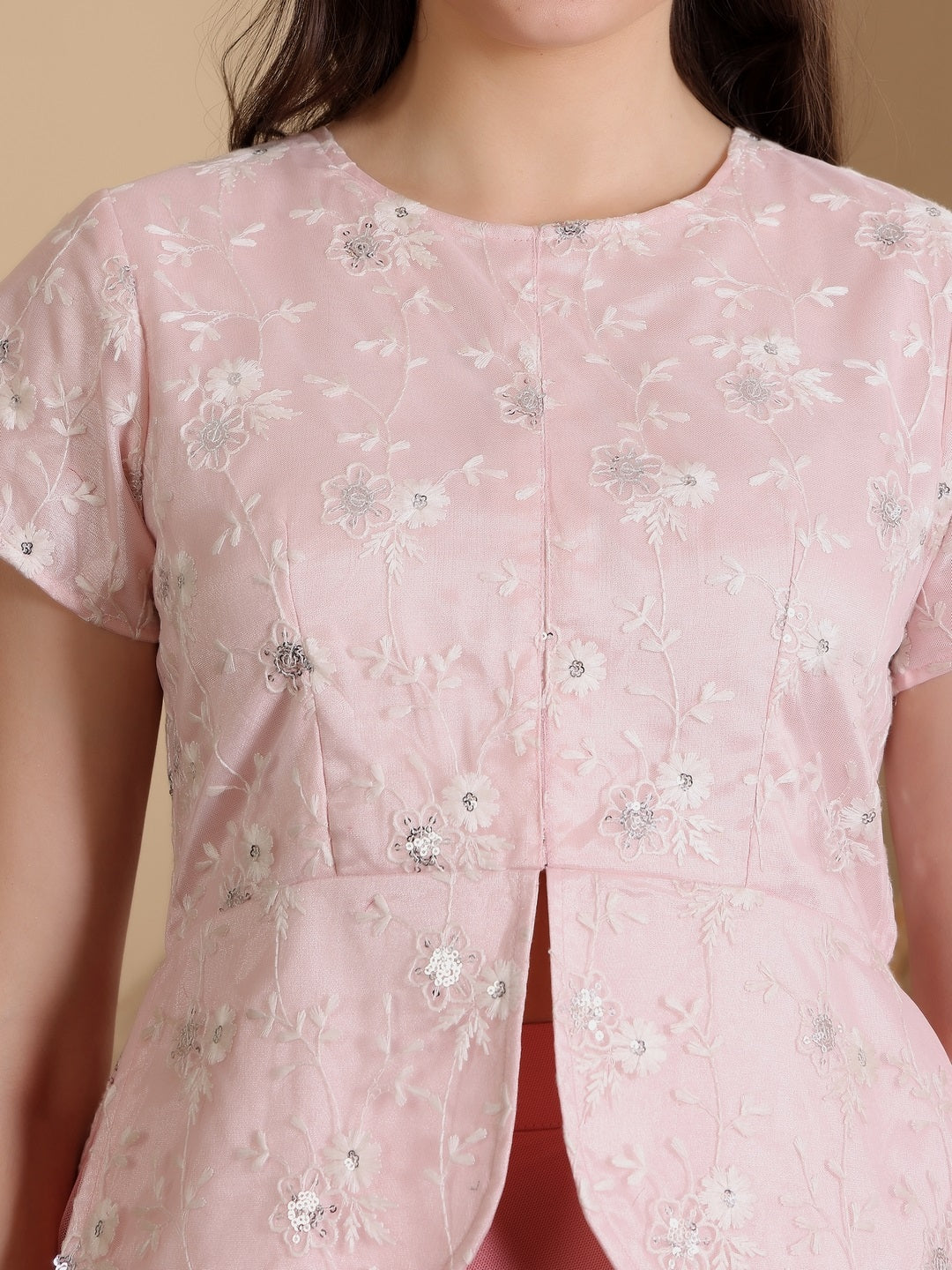 Frolic Rolic Baby Pink Women Net Embroidered Waist Length Round Neck Short Sleeves Blouse