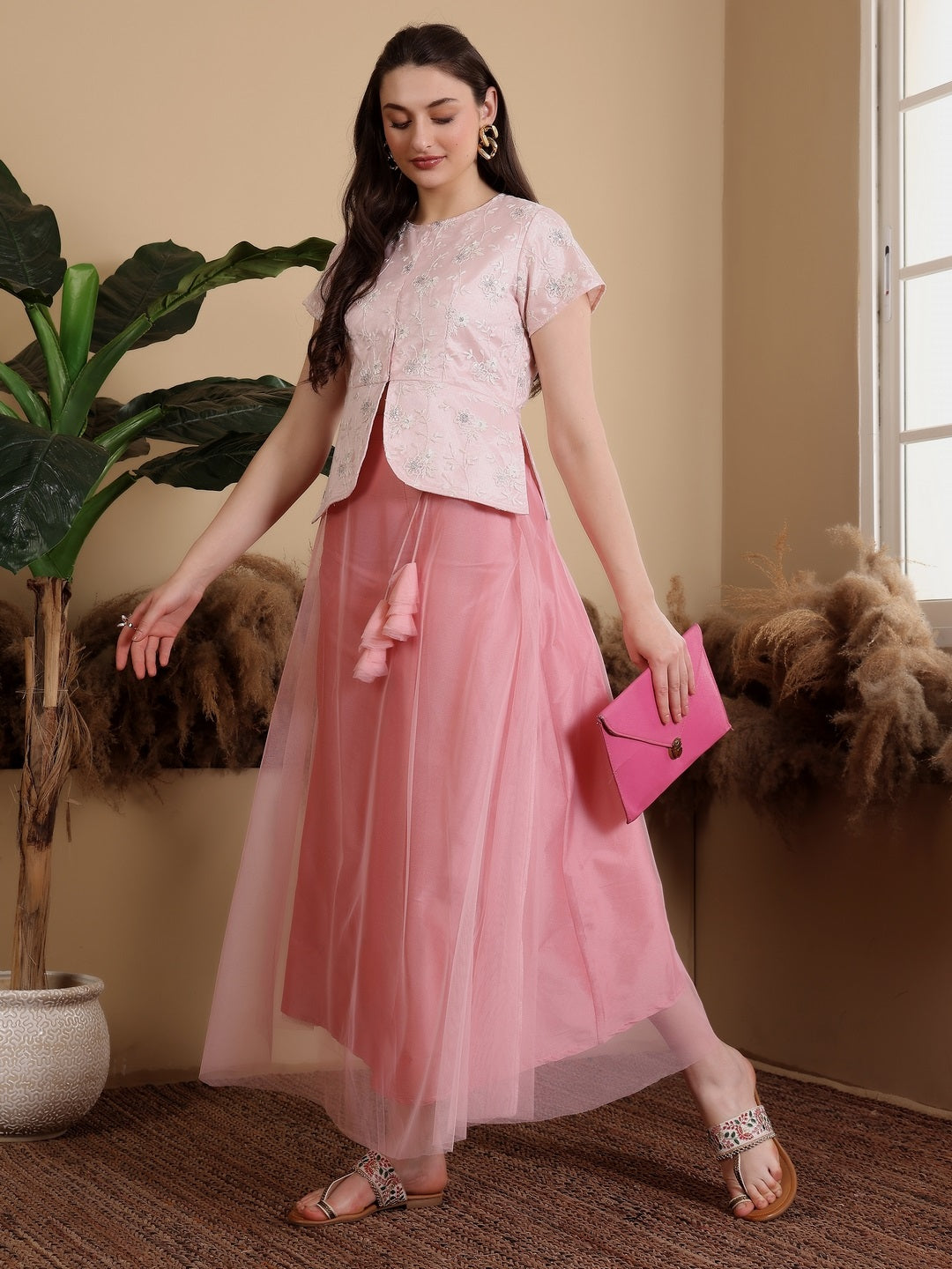 Frolic Rolic Baby Pink Women Net Embroidered Waist Length Round Neck Short Sleeves Blouse