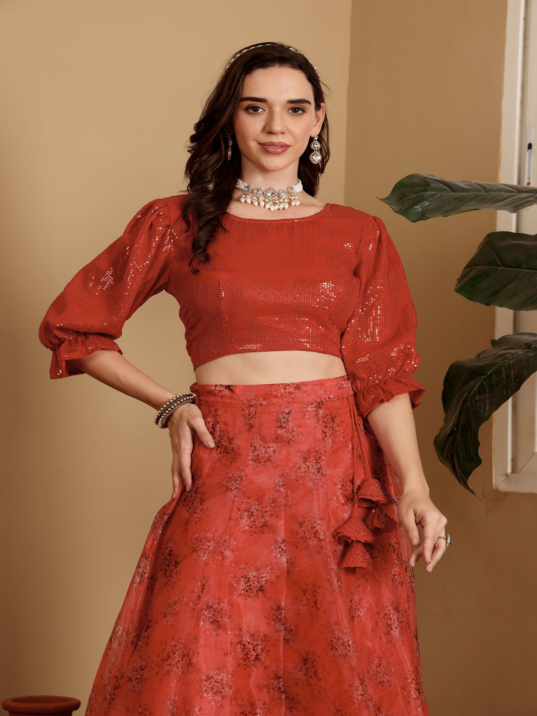 Frolic Red Black Sequins Bling Georgette Blouse