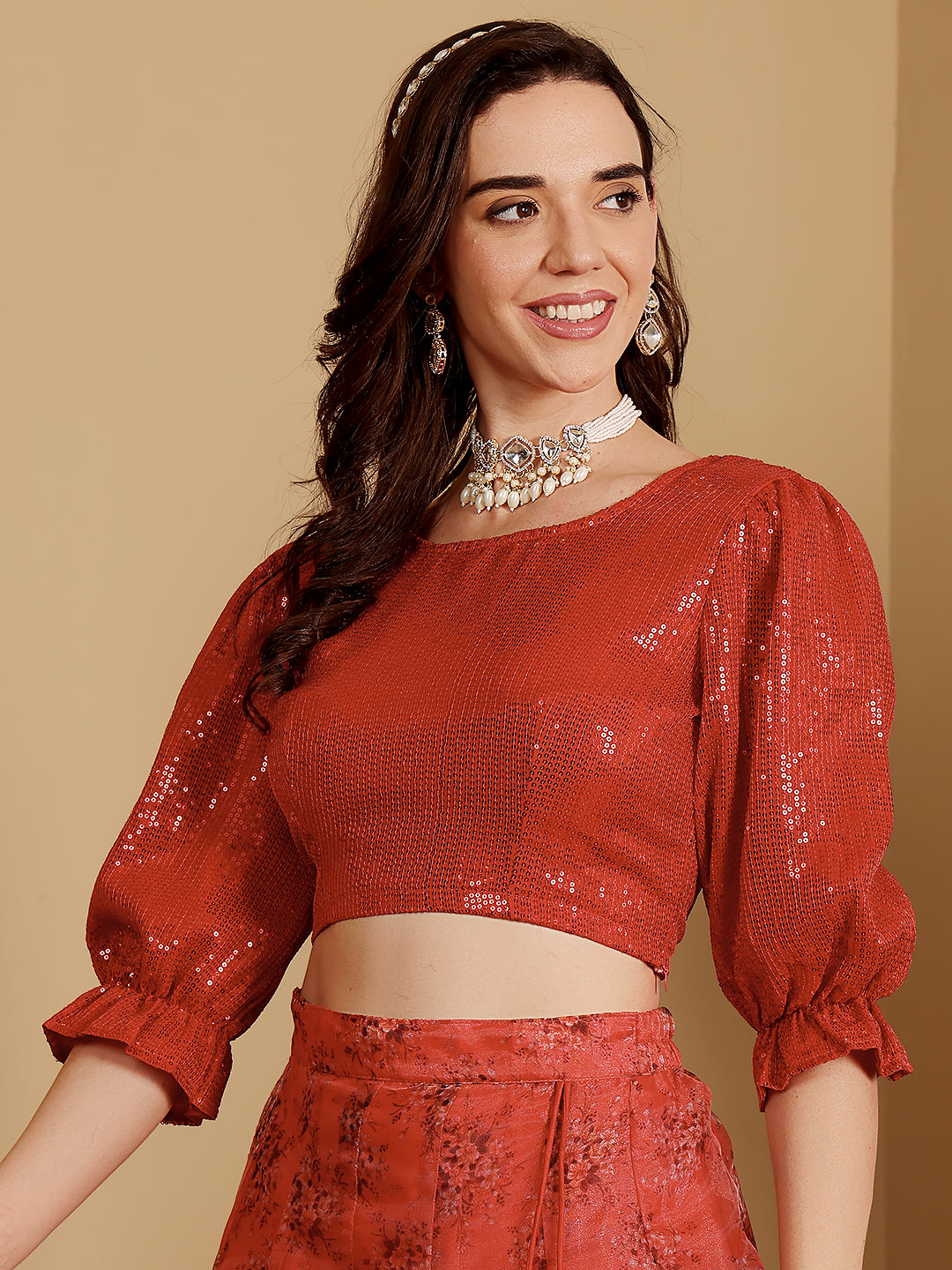 Frolic Red Black Sequins Bling Georgette Blouse