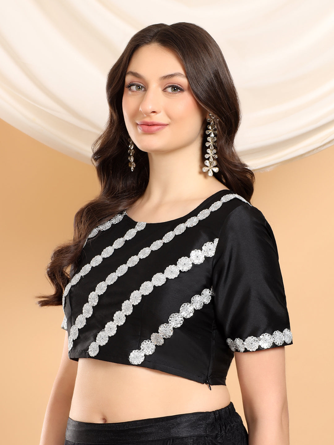Frolic Rolic Black Gotta Lace Embellished Short Sleeve Silk Blouse