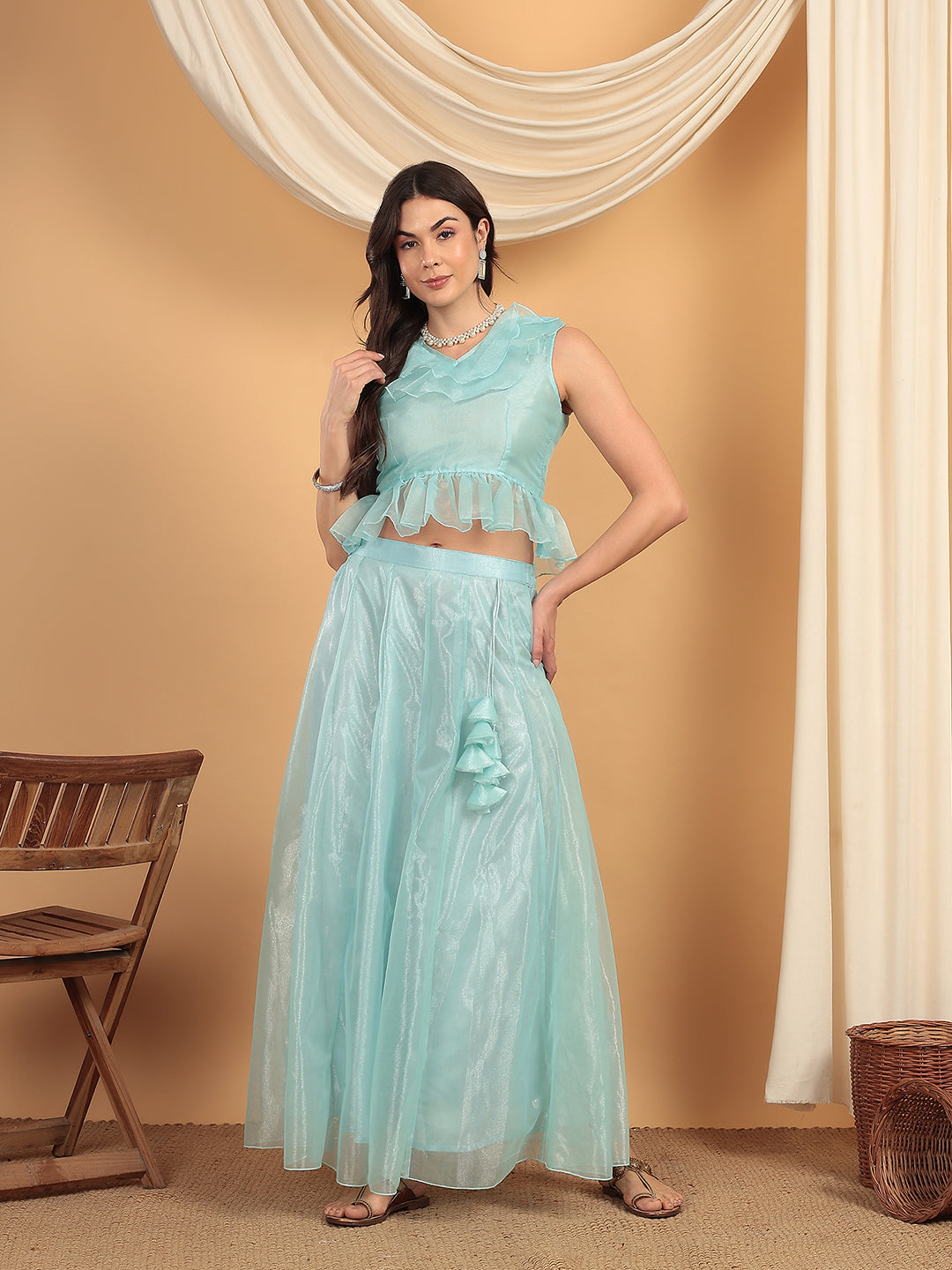 Frolic Rolic Aqua Organza Frill V-Neck Sleeveless Blouse