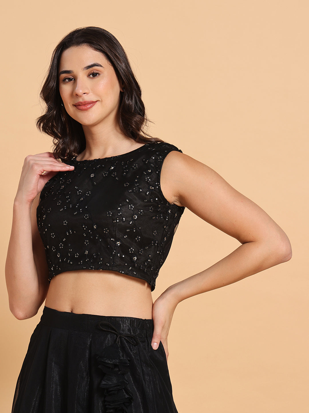 Frolic Rolic Black Embroidered Sleeveless Net Blouse