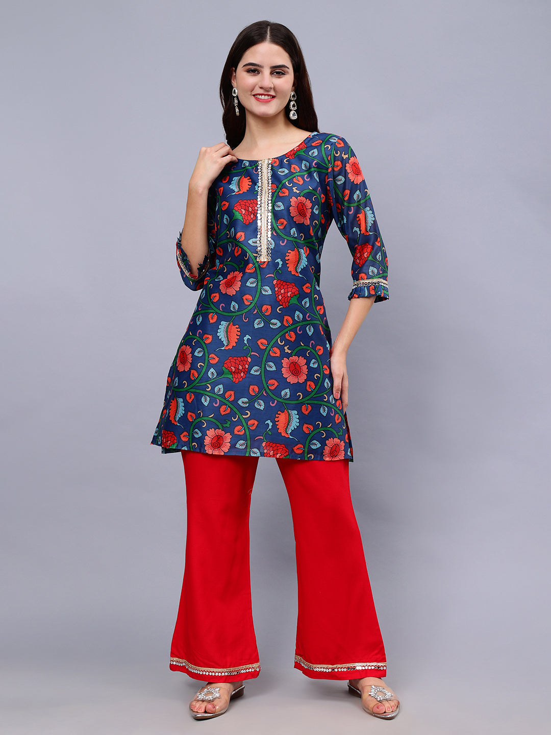 Frolic Rolic Blue Silk Blend Floral Print Tunic & Red Rayon Trouser Set