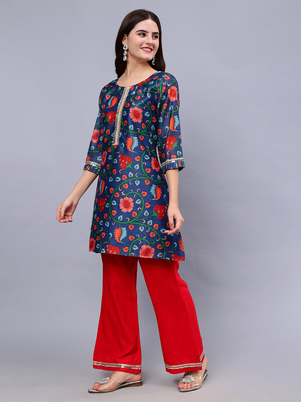 Frolic Rolic Blue Silk Blend Floral Print Tunic & Red Rayon Trouser Set