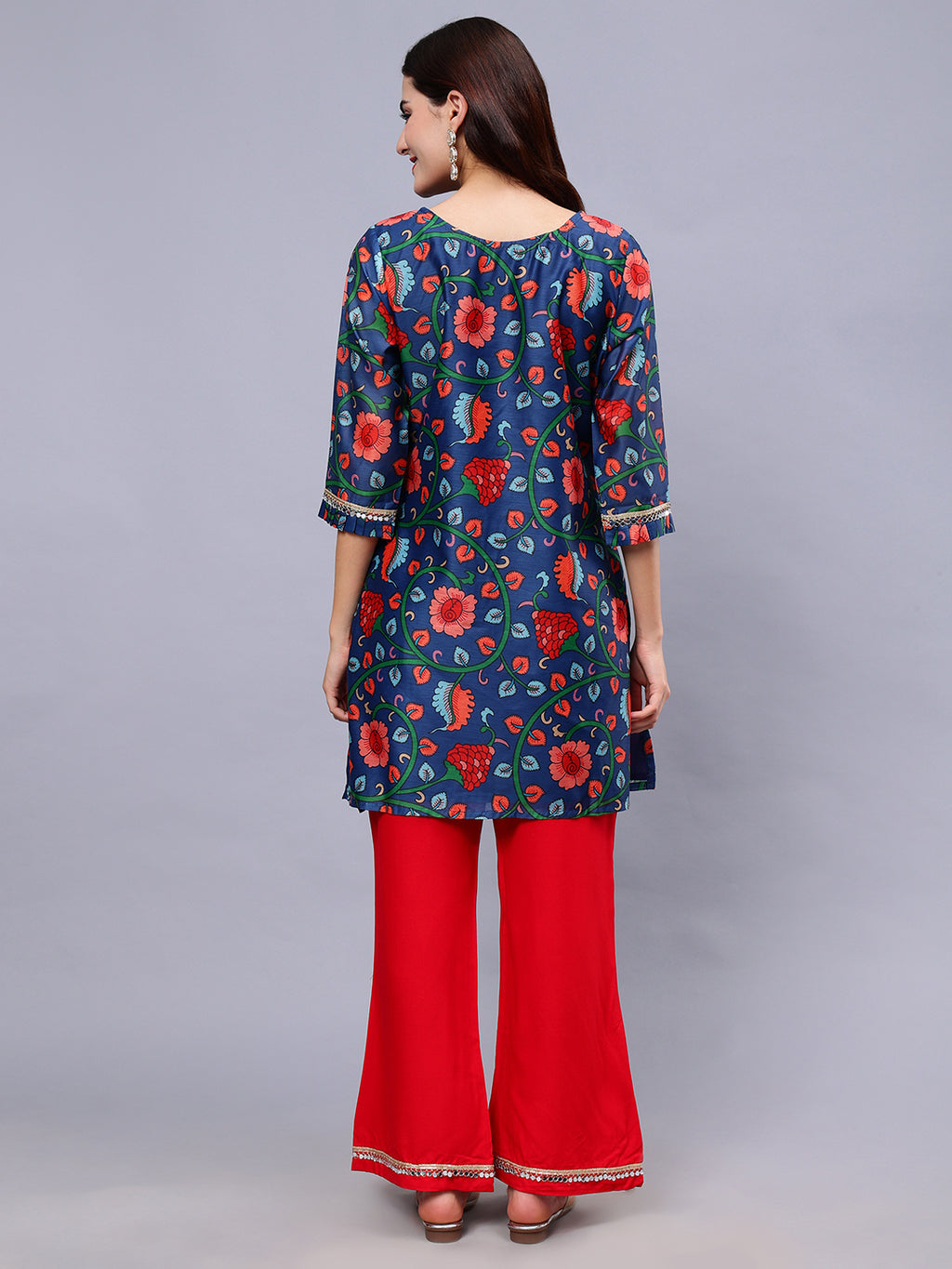 Frolic Rolic Blue Silk Blend Floral Print Tunic & Red Rayon Trouser Set