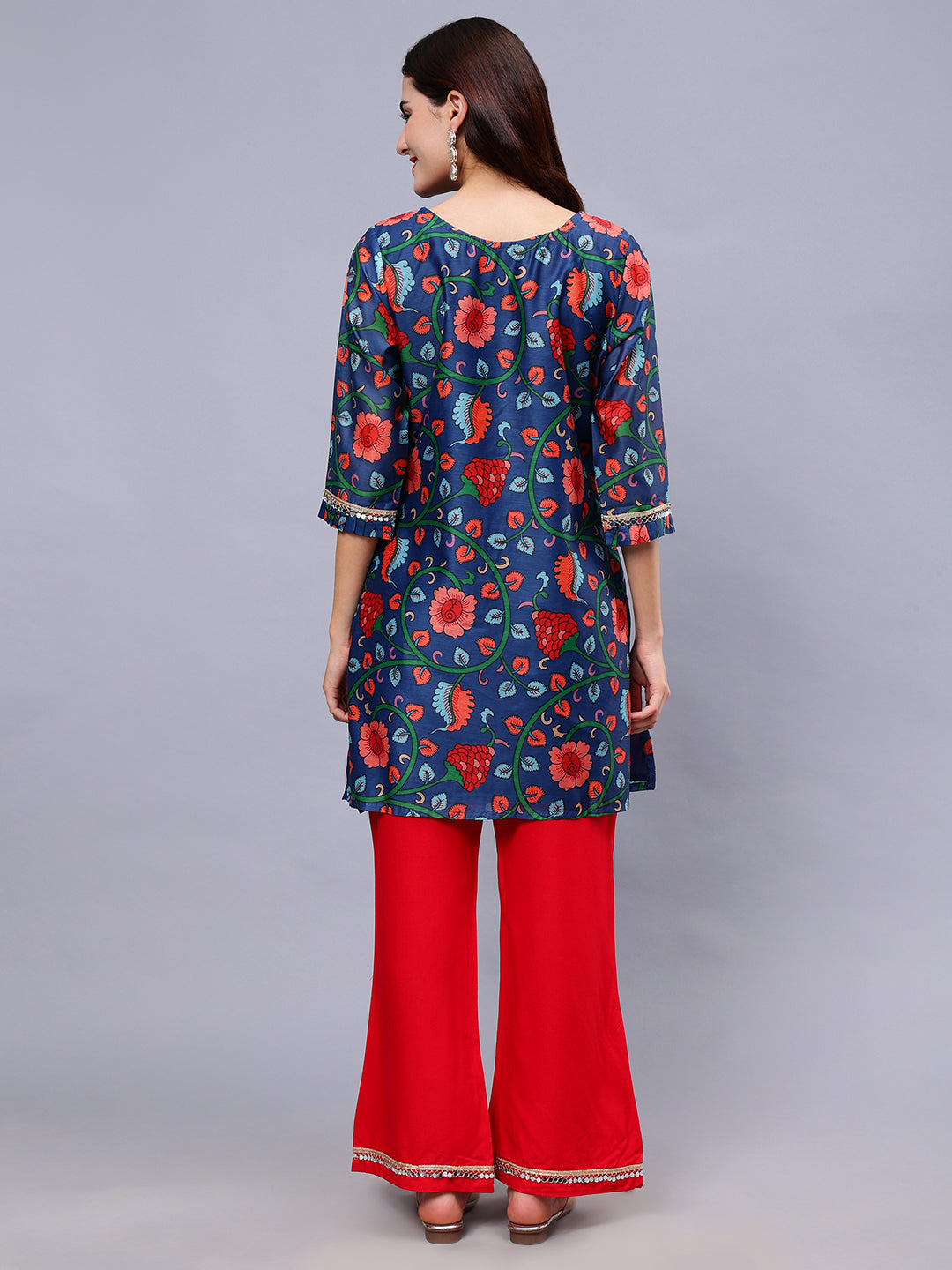 Frolic Rolic Blue Silk Blend Floral Print Tunic & Red Rayon Trouser Set