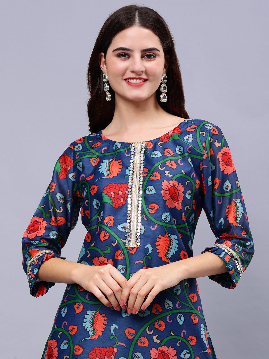 Frolic Rolic Blue Silk Blend Floral Print Tunic & Red Rayon Trouser Set