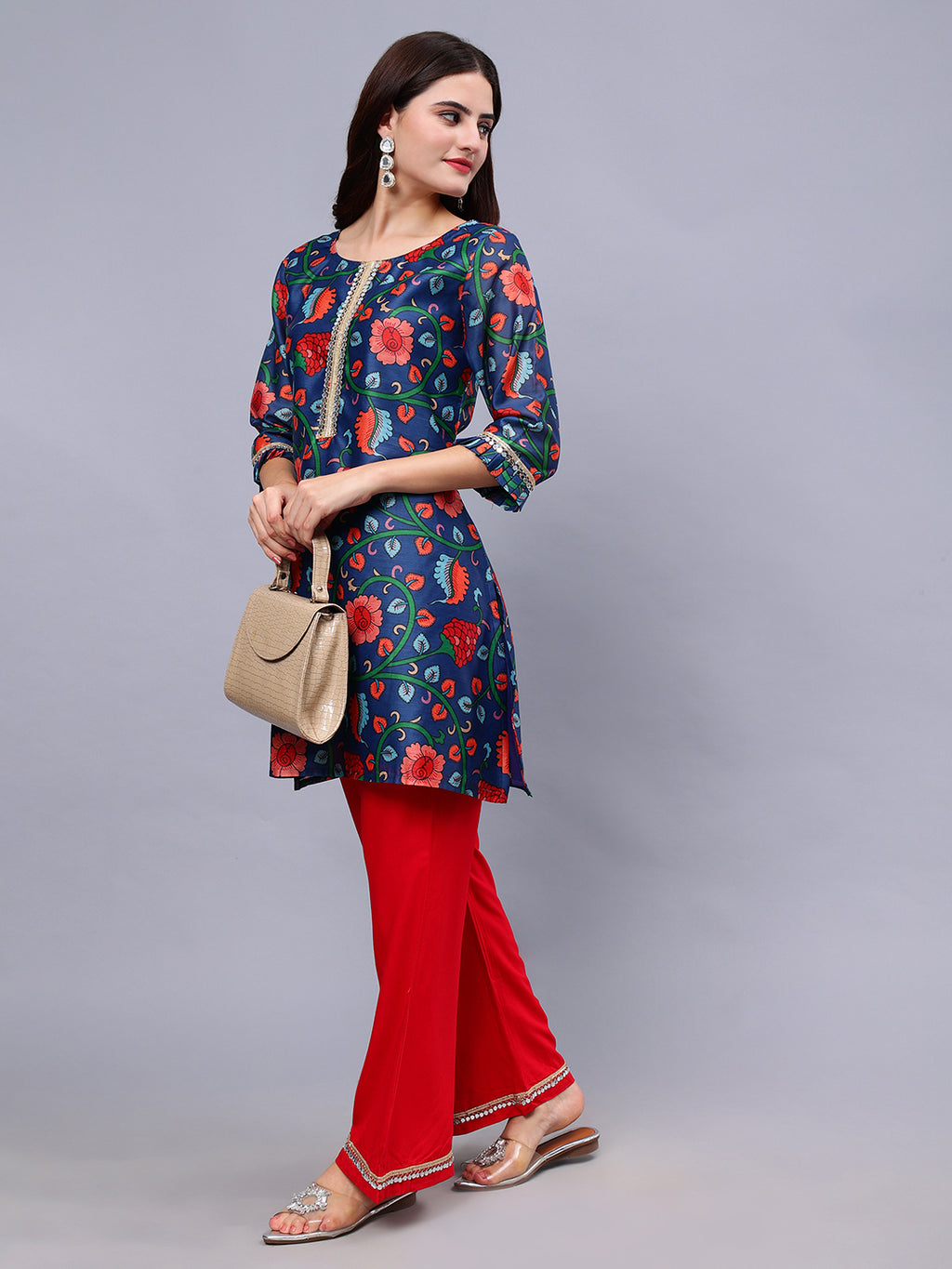 Frolic Rolic Blue Silk Blend Floral Print Tunic & Red Rayon Trouser Set
