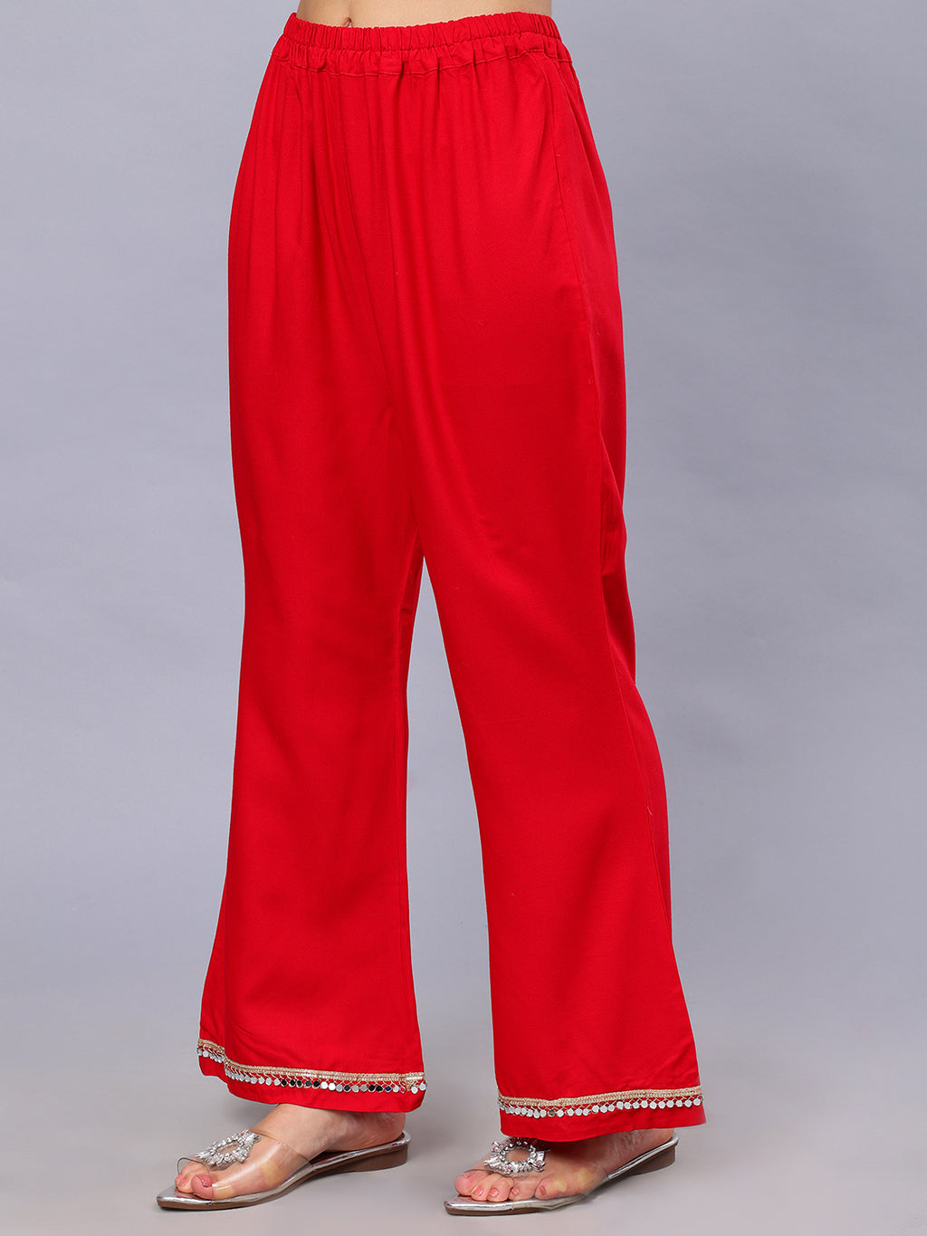 Frolic Rolic Blue Silk Blend Floral Print Tunic & Red Rayon Trouser Set