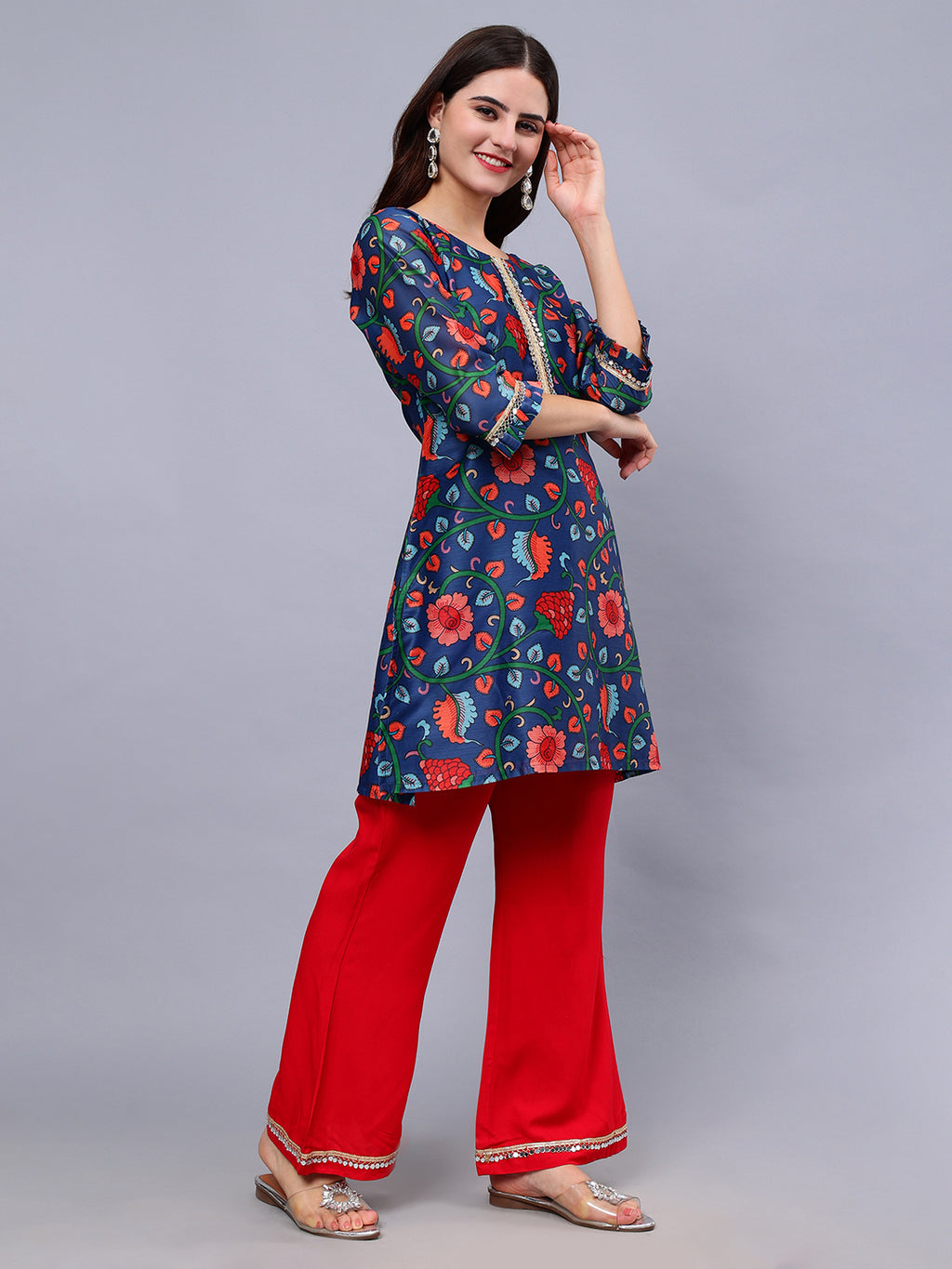 Frolic Rolic Blue Silk Blend Floral Print Tunic & Red Rayon Trouser Set