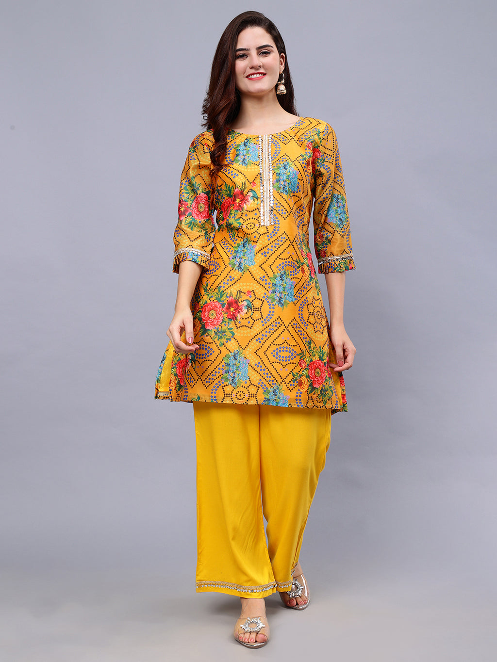 Mustard Silk Blend Floral Print Tunic & Rayon Solid Trouser Set