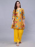 Mustard Silk Blend Floral Print Tunic & Rayon Solid Trouser Set