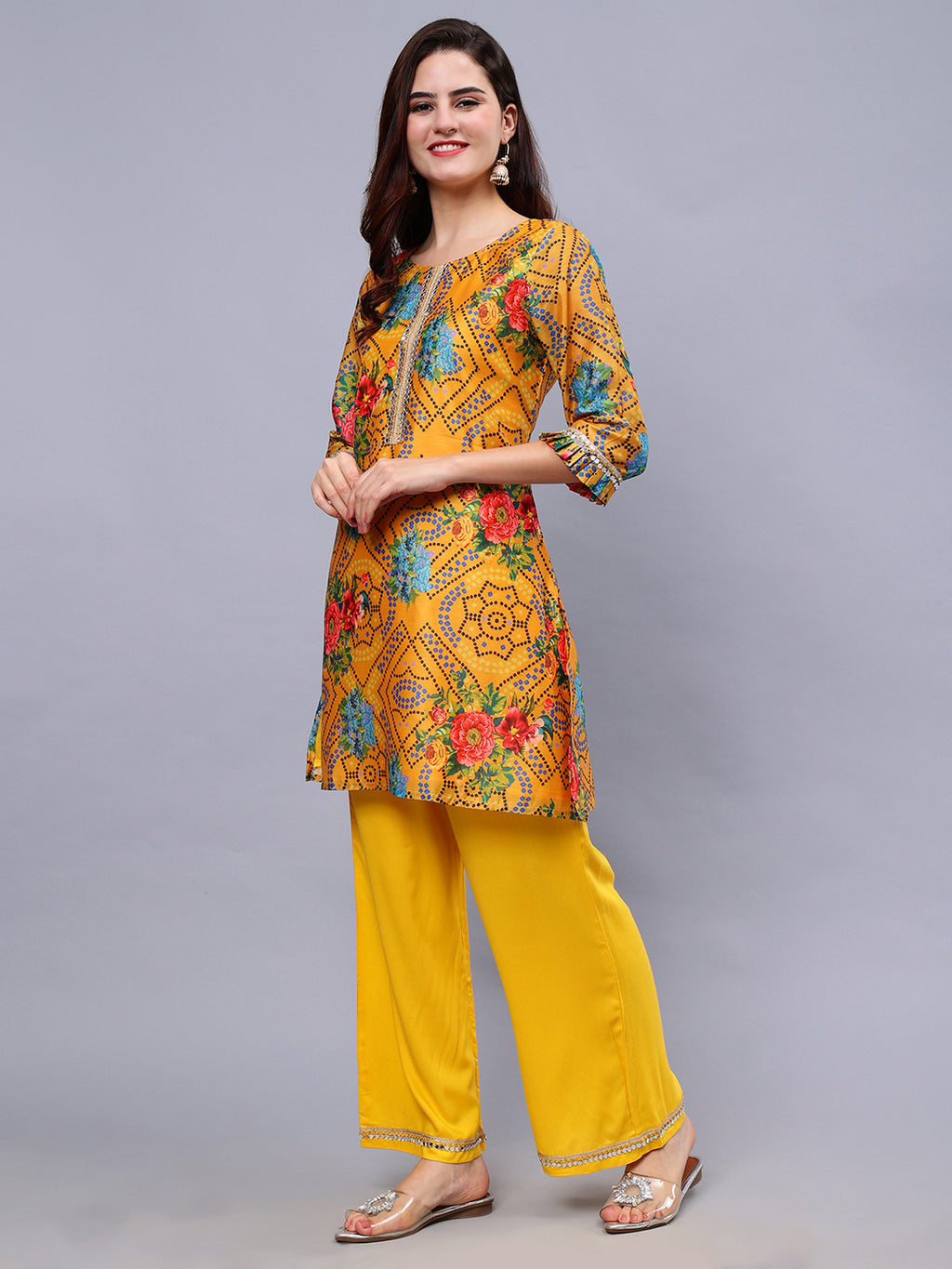 Mustard Silk Blend Floral Print Tunic & Rayon Solid Trouser Set