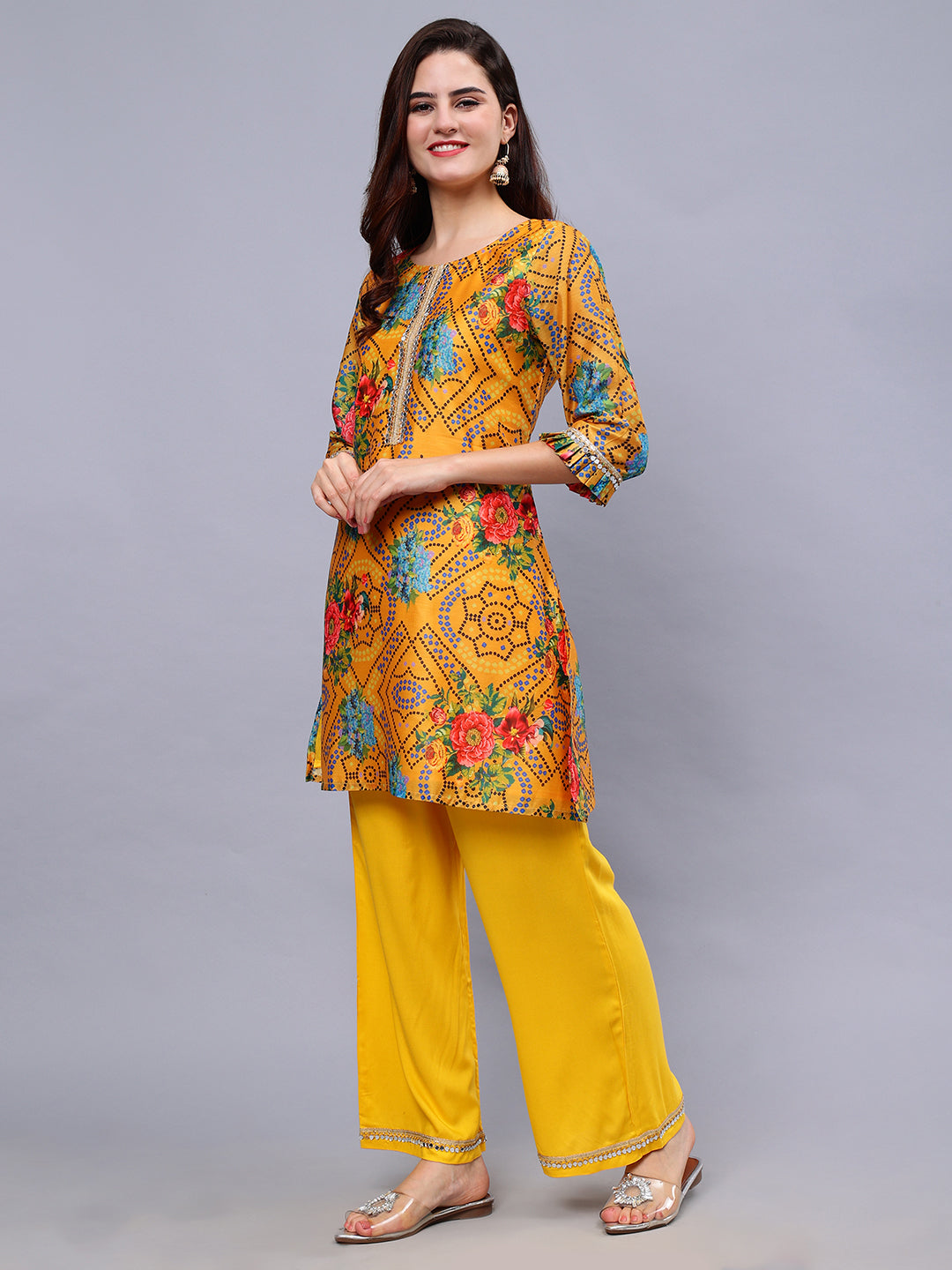 Mustard Silk Blend Floral Print Tunic & Rayon Solid Trouser Set