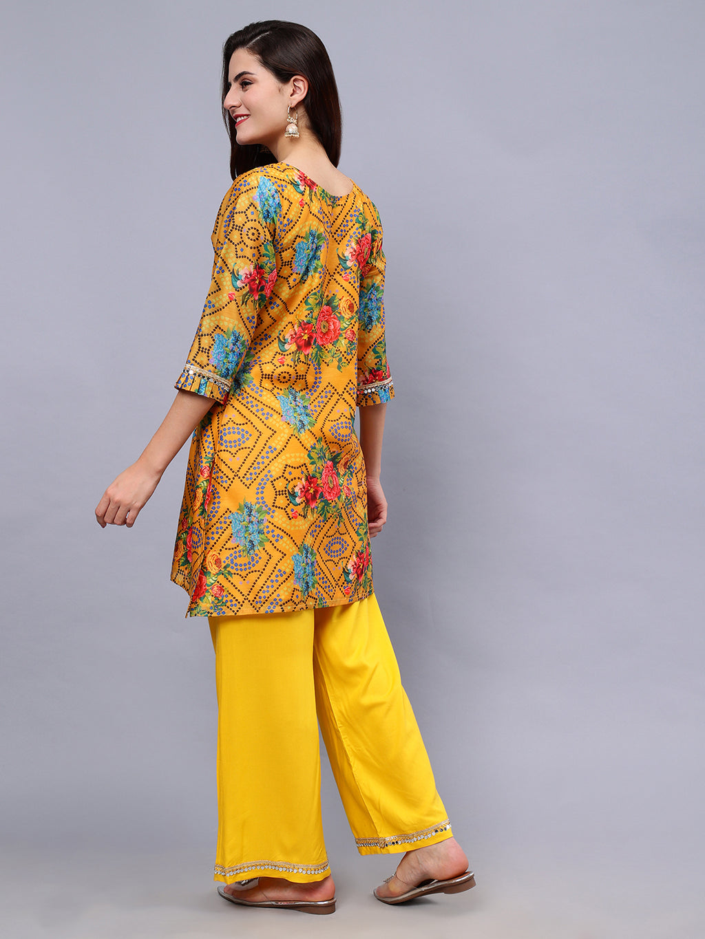 Mustard Silk Blend Floral Print Tunic & Rayon Solid Trouser Set