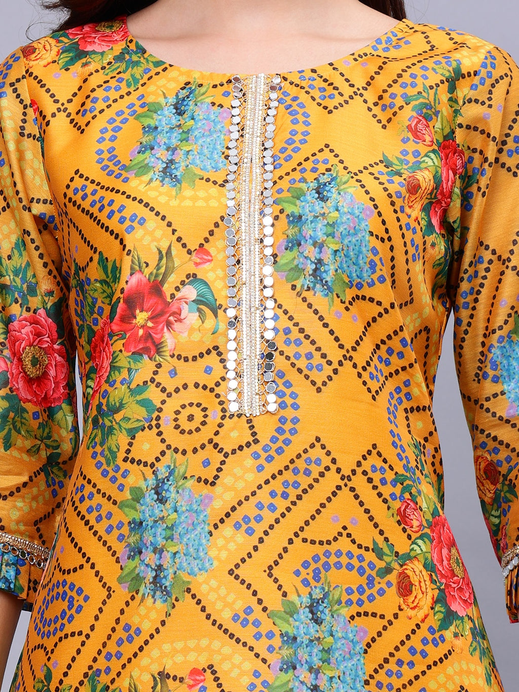 Mustard Silk Blend Floral Print Tunic & Rayon Solid Trouser Set