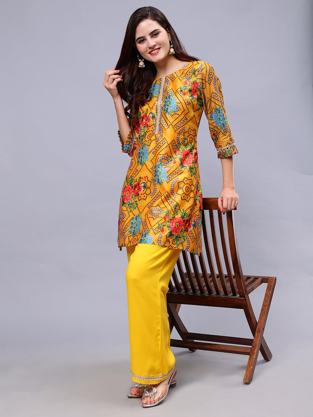Mustard Silk Blend Floral Print Tunic & Rayon Solid Trouser Set