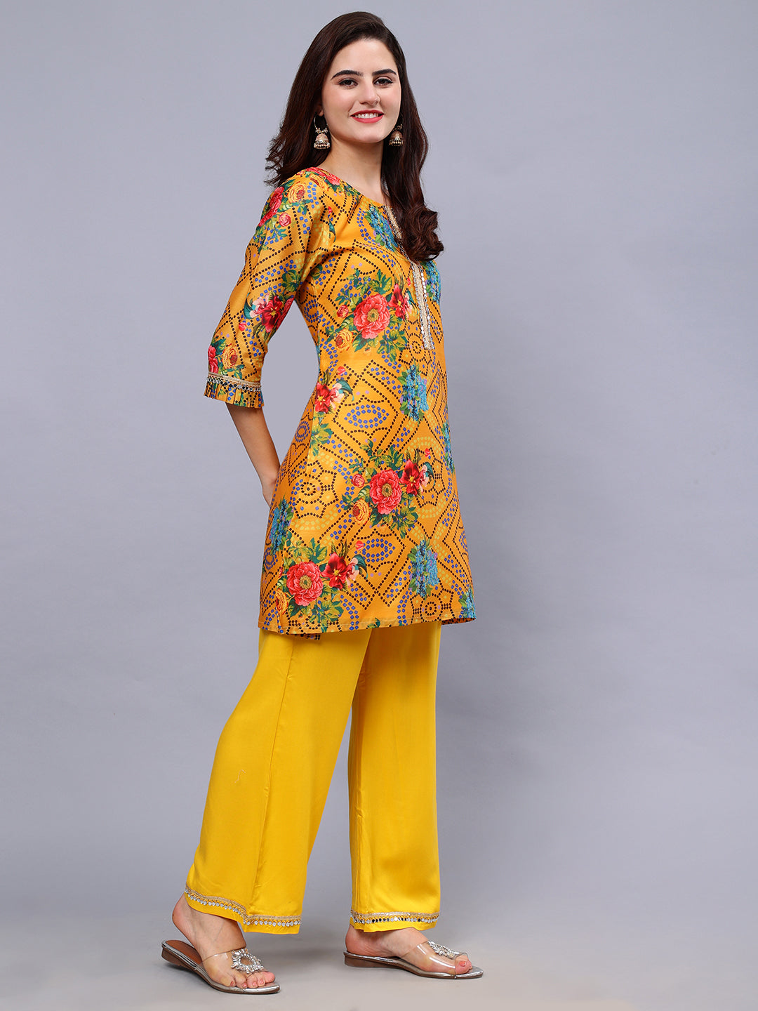 Mustard Silk Blend Floral Print Tunic & Rayon Solid Trouser Set