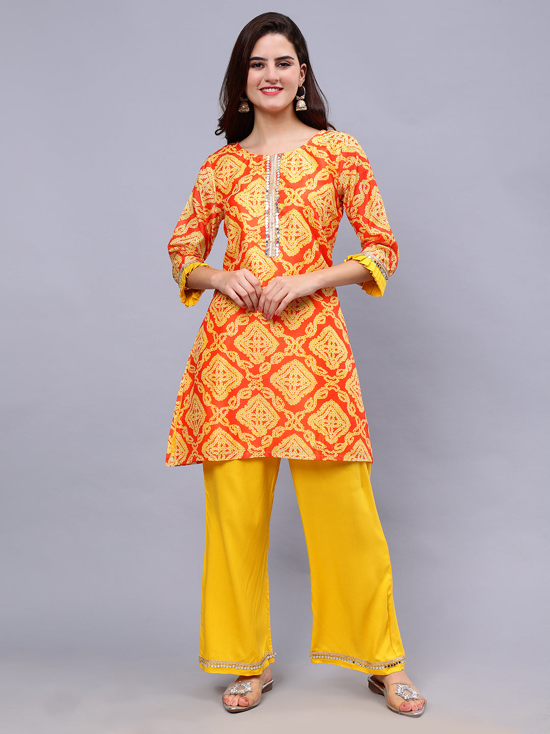 Frolic Rolic Yellow Bandhej Print Silk Blend Tunic & Mustard Rayon Trouser Set