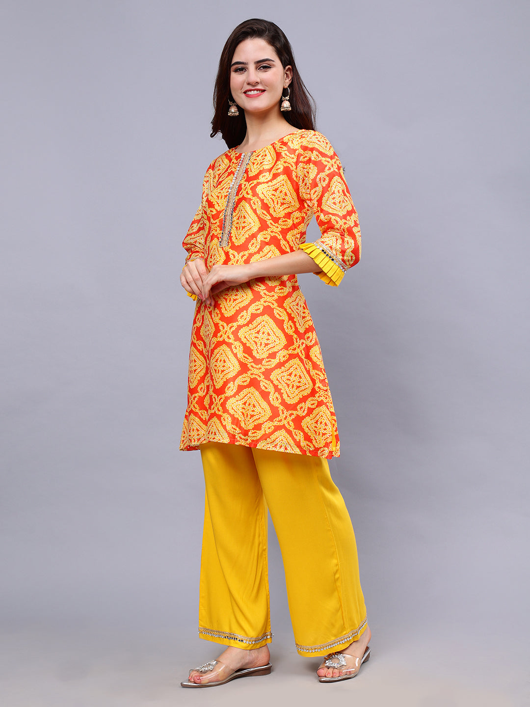 Frolic Rolic Yellow Bandhej Print Silk Blend Tunic & Mustard Rayon Trouser Set