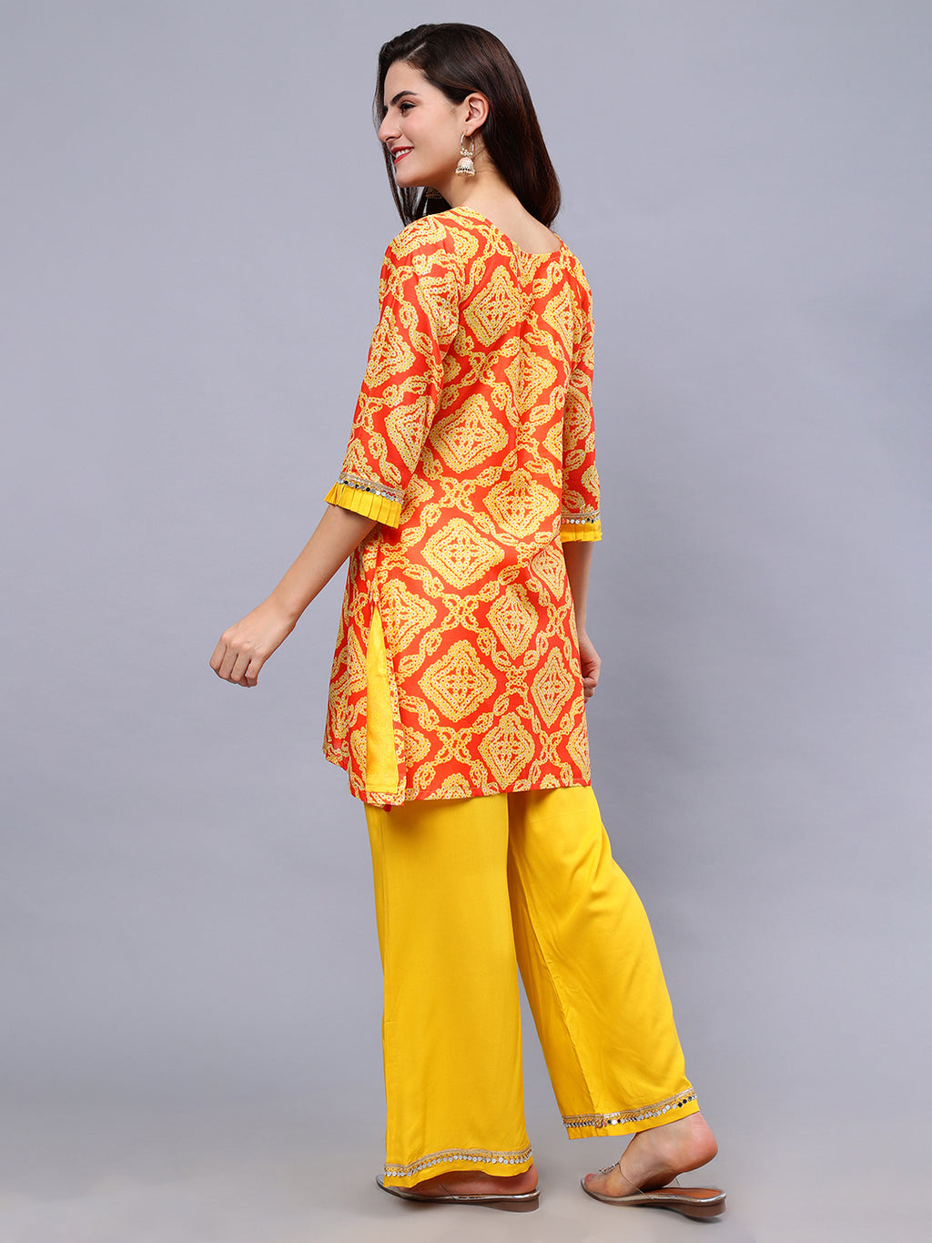 Frolic Rolic Yellow Bandhej Print Silk Blend Tunic & Mustard Rayon Trouser Set