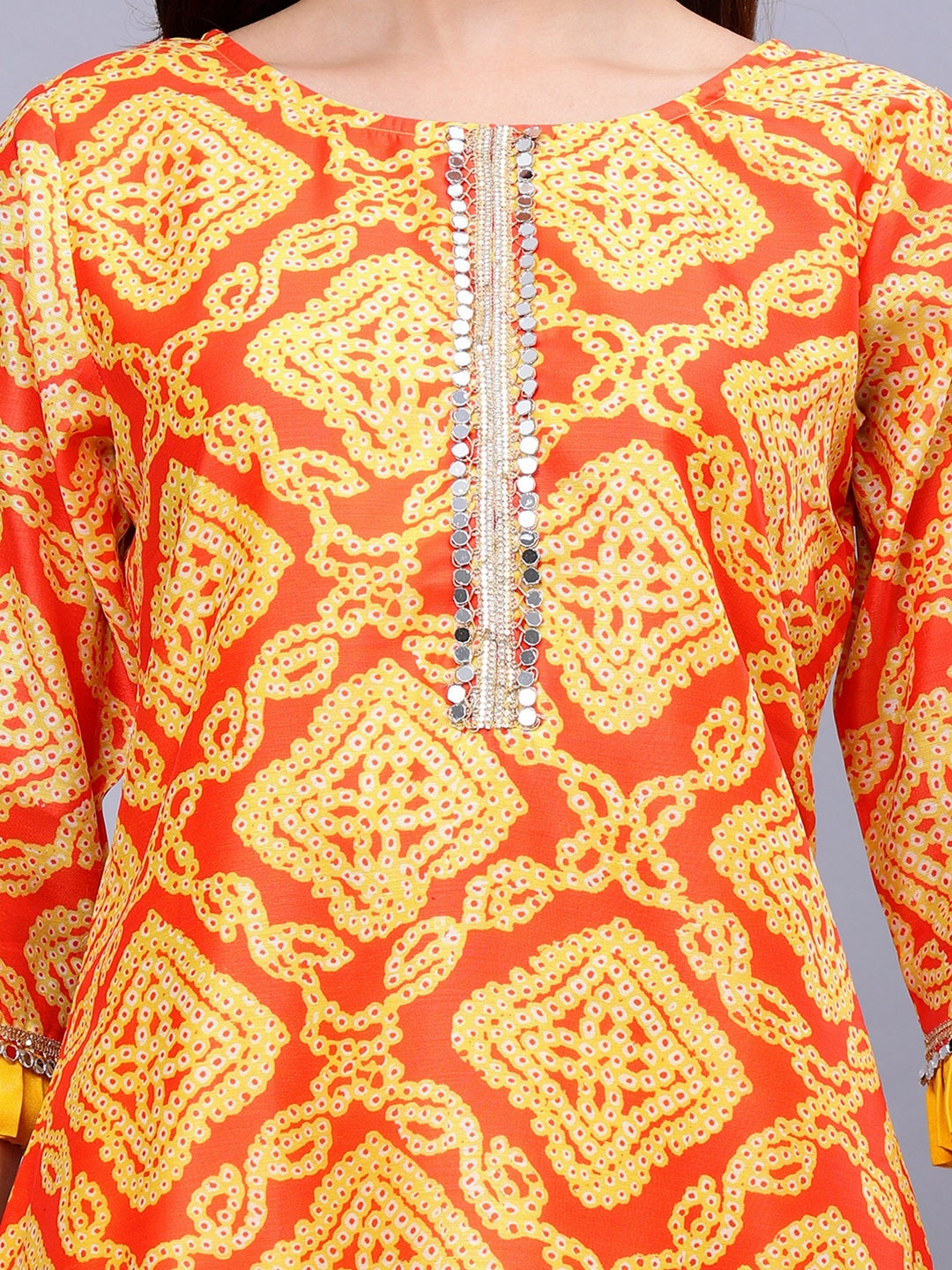 Frolic Rolic Yellow Bandhej Print Silk Blend Tunic & Mustard Rayon Trouser Set