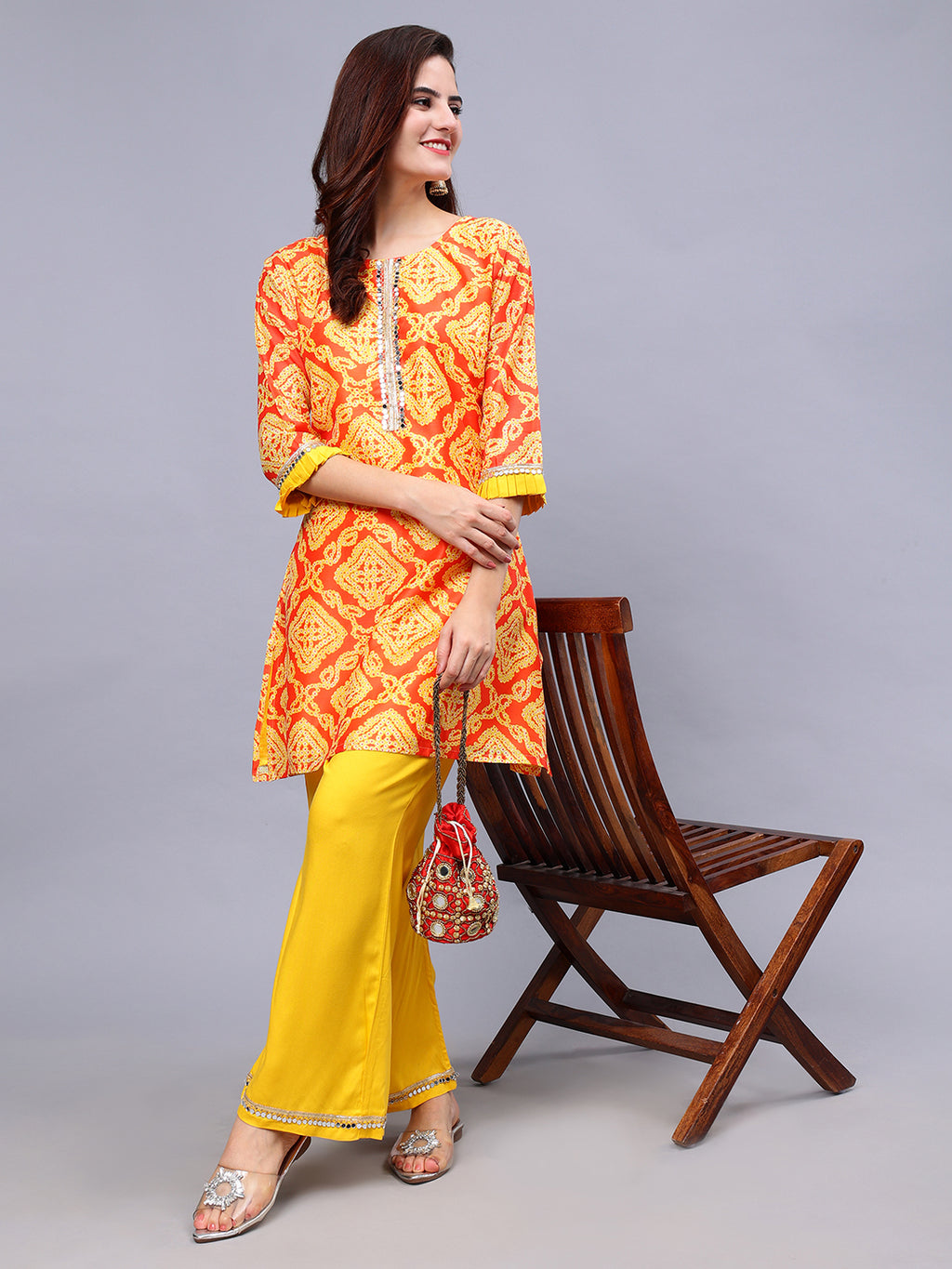 Frolic Rolic Yellow Bandhej Print Silk Blend Tunic & Mustard Rayon Trouser Set