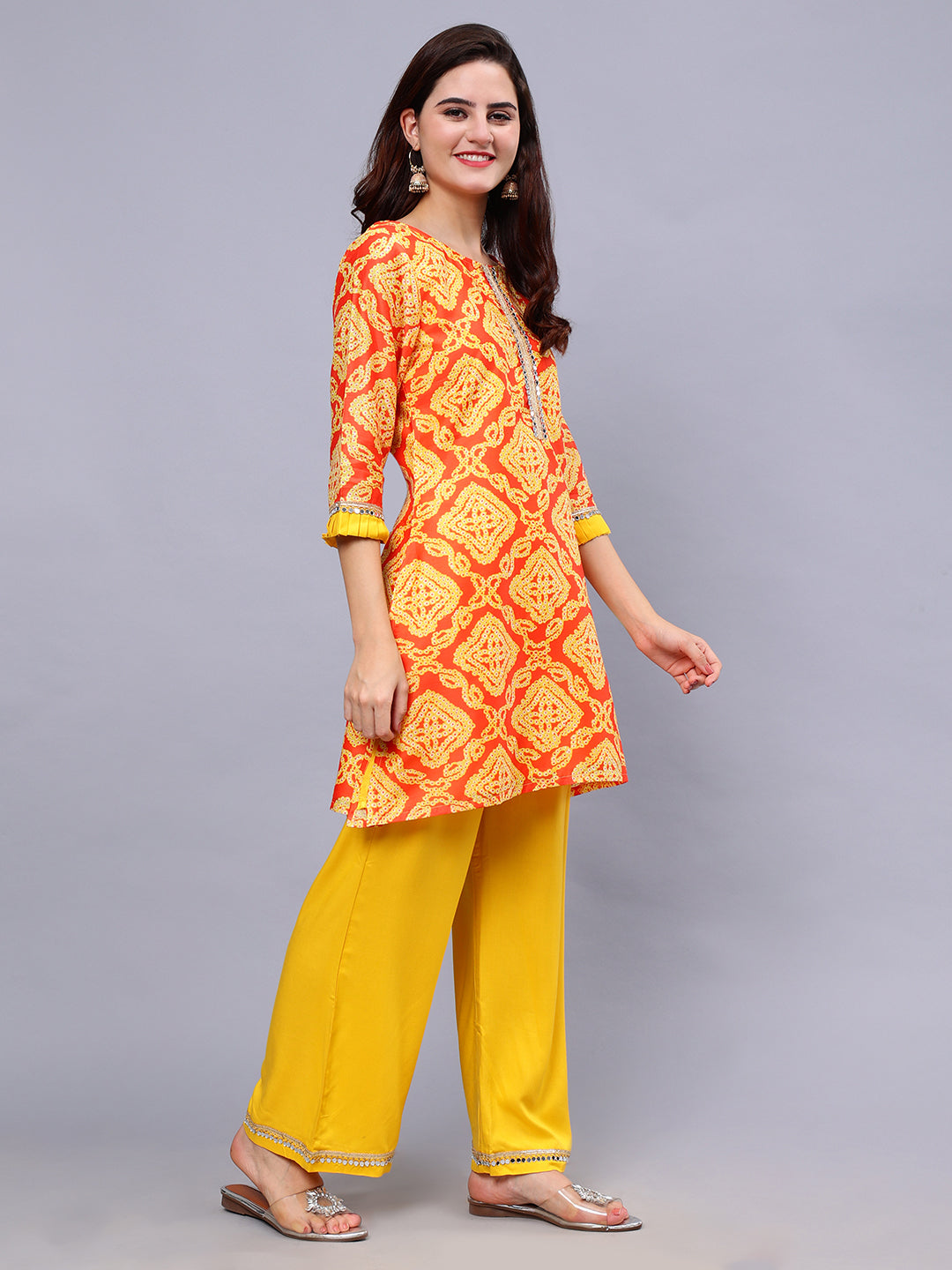 Frolic Rolic Yellow Bandhej Print Silk Blend Tunic & Mustard Rayon Trouser Set