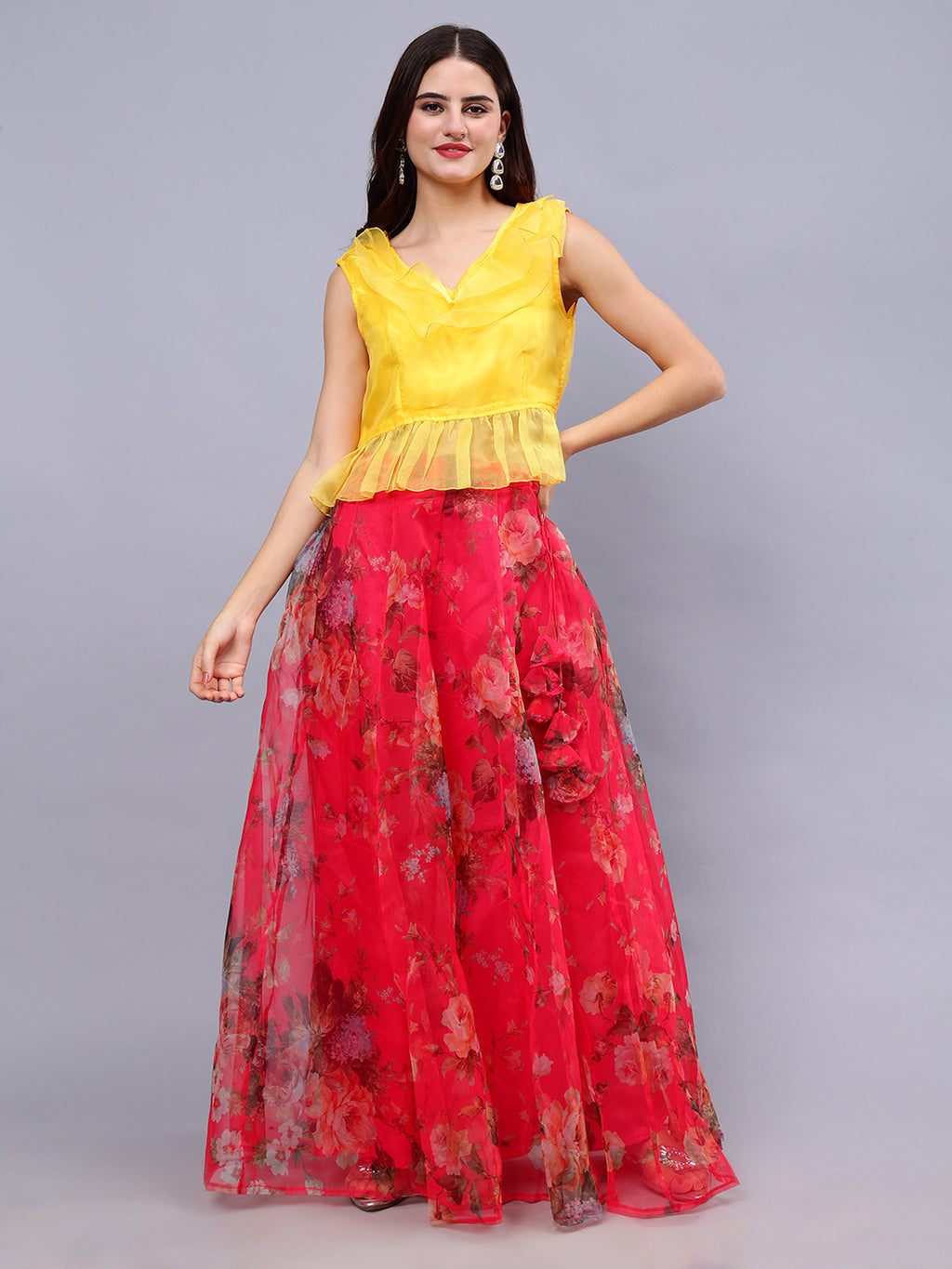 Frolic Rolic Yellow Organza V-Neck Top & Pink Floral Print Organza Maxi Skirt Co-Ords Set