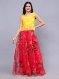 Frolic Rolic Yellow Organza V-Neck Top & Pink Floral Print Organza Maxi Skirt Co-Ords Set