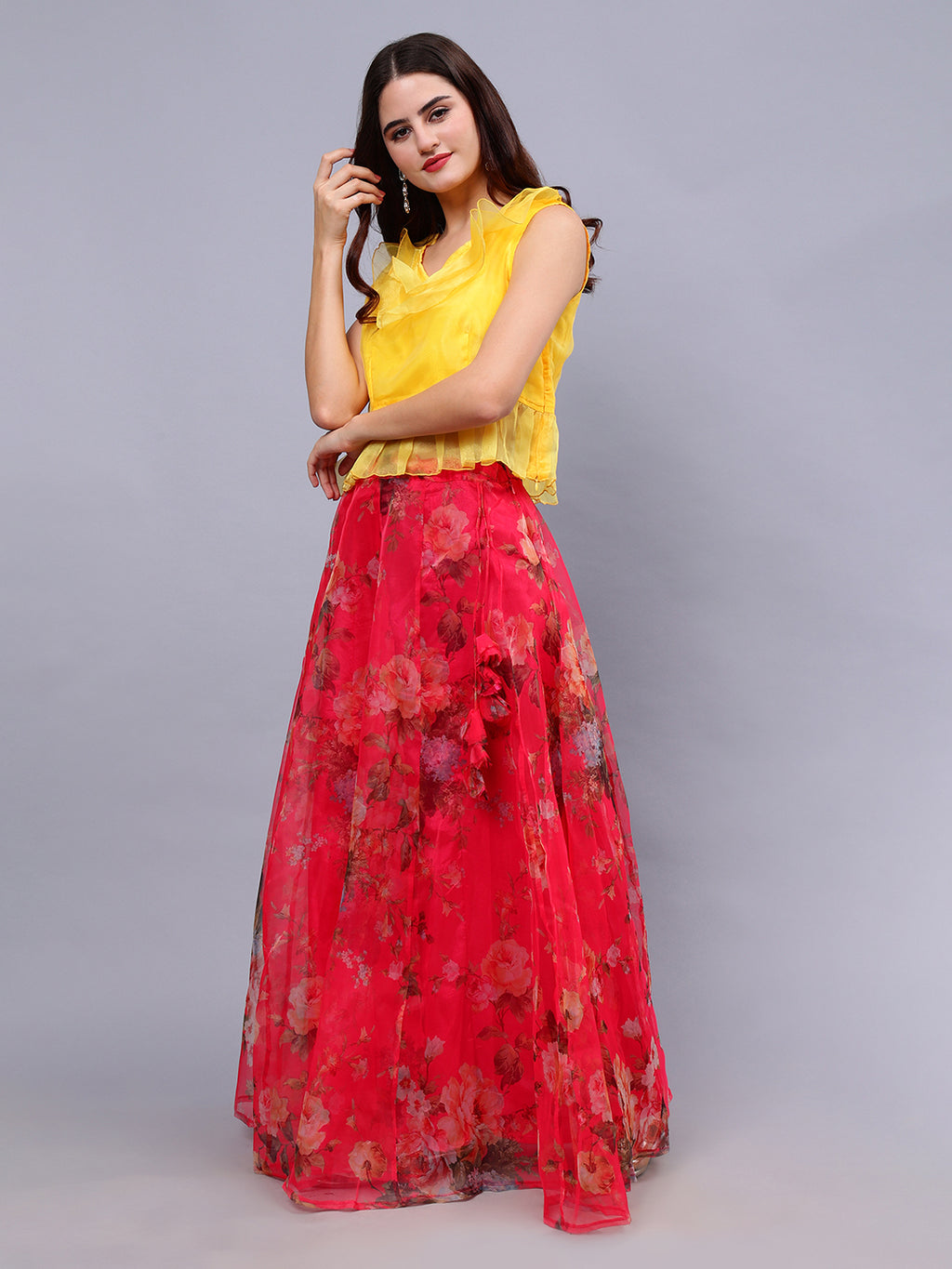 Frolic Rolic Yellow Organza V-Neck Top & Pink Floral Print Organza Maxi Skirt Co-Ords Set