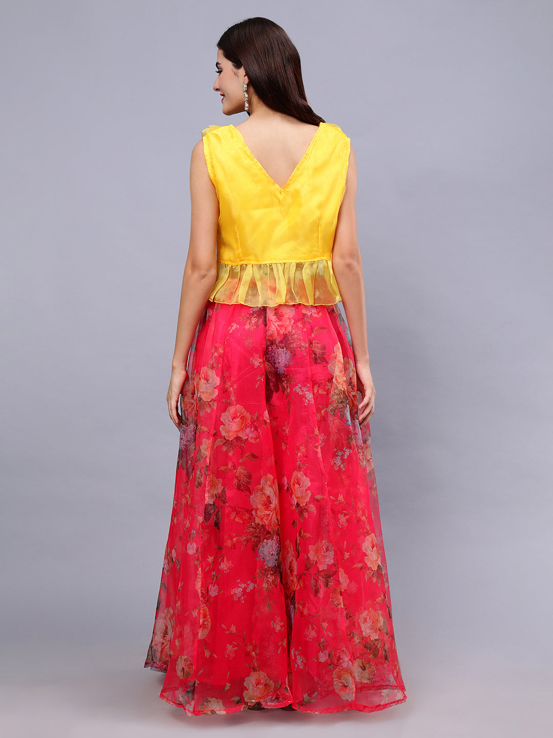 Frolic Rolic Yellow Organza V-Neck Top & Pink Floral Print Organza Maxi Skirt Co-Ords Set