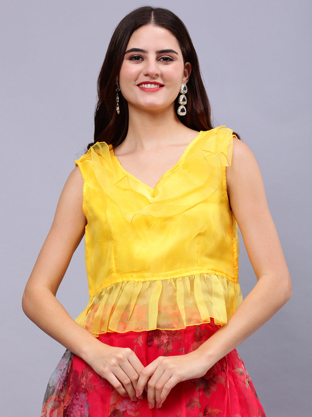 Frolic Rolic Yellow Organza V-Neck Top & Pink Floral Print Organza Maxi Skirt Co-Ords Set
