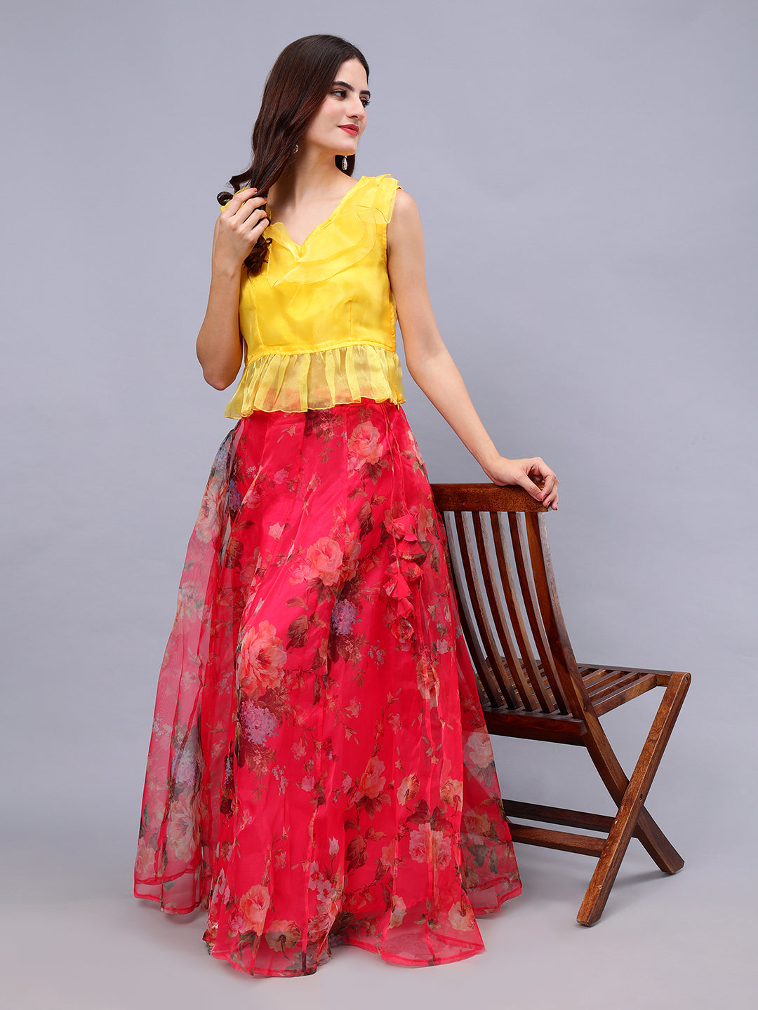 Frolic Rolic Yellow Organza V-Neck Top & Pink Floral Print Organza Maxi Skirt Co-Ords Set