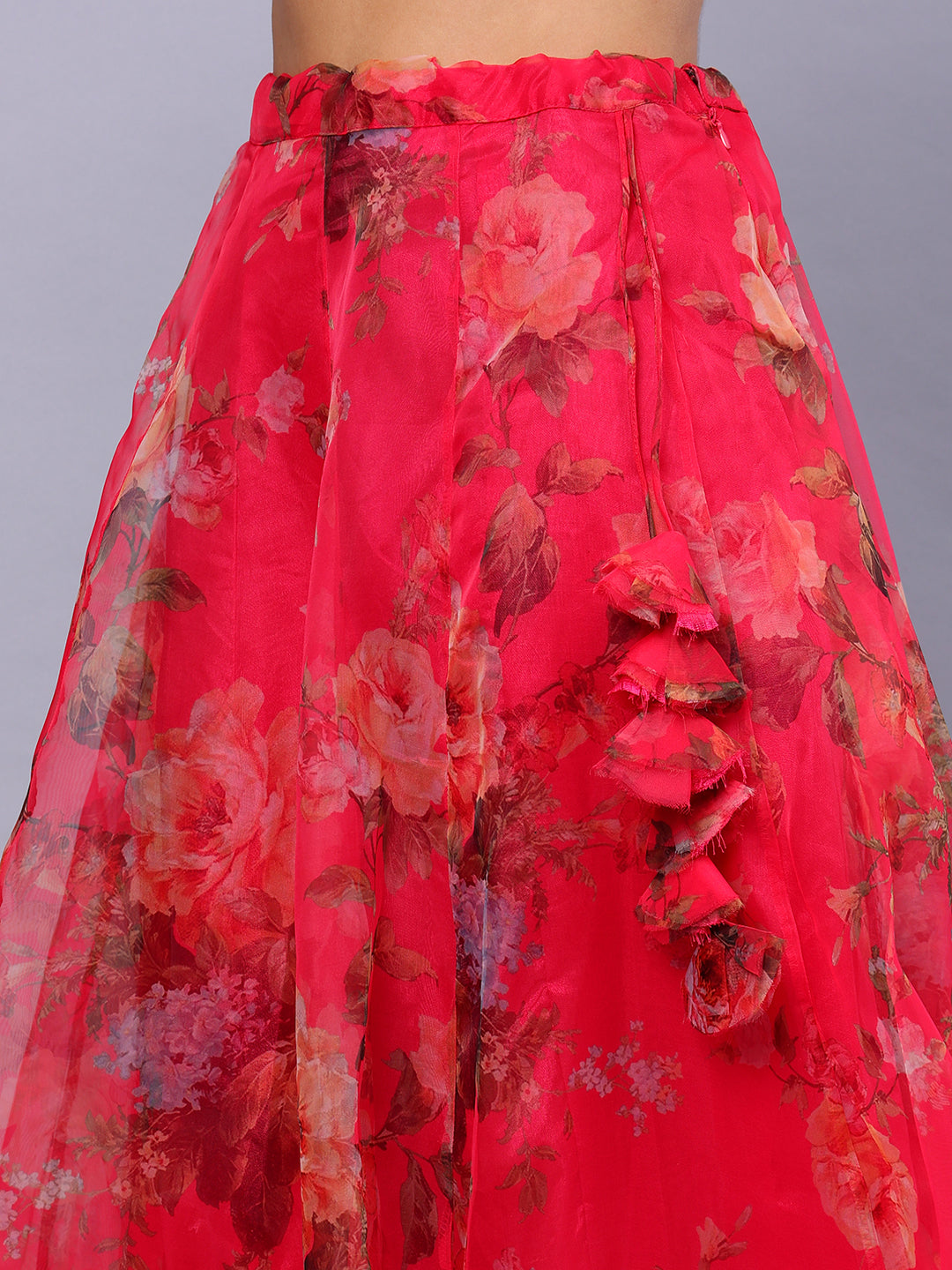 Frolic Rolic Yellow Organza V-Neck Top & Pink Floral Print Organza Maxi Skirt Co-Ords Set