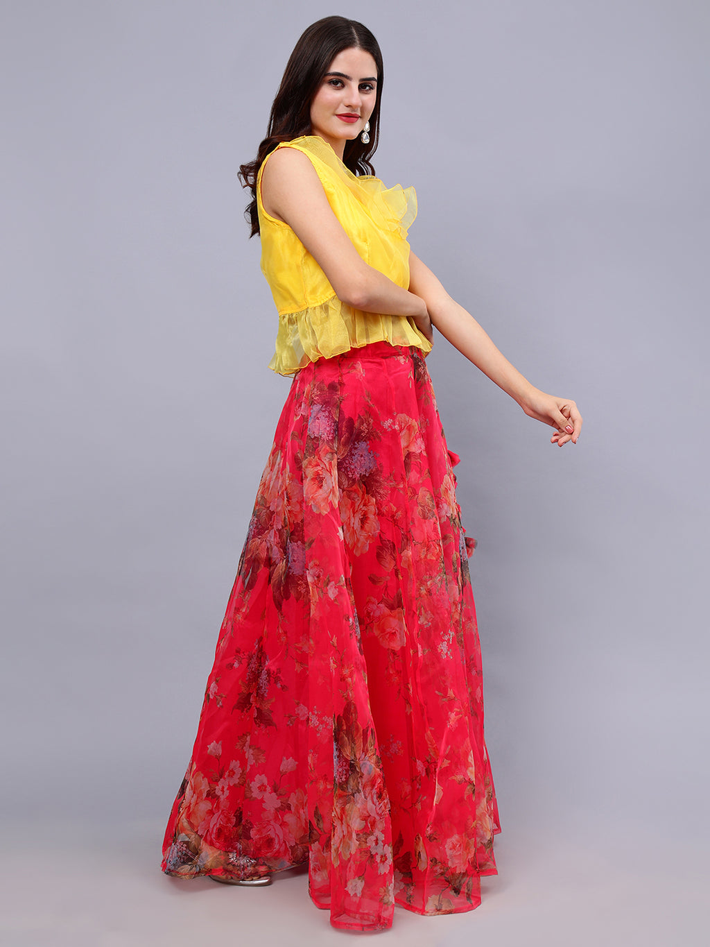 Frolic Rolic Yellow Organza V-Neck Top & Pink Floral Print Organza Maxi Skirt Co-Ords Set
