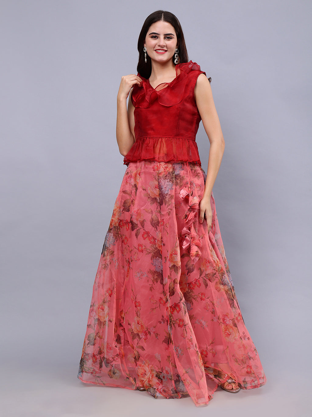Frolic Rolic Maroon Organza V-Neck Top & Peach Floral Print Organza Maxi Skirt Co-Ords Set