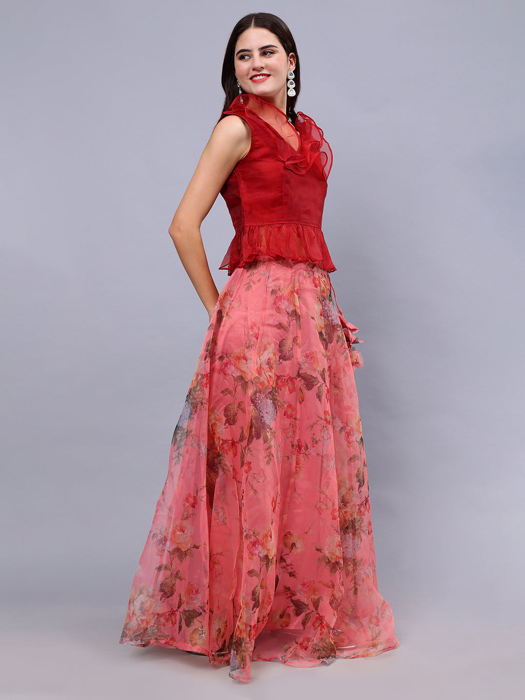 Frolic Rolic Maroon Organza V-Neck Top & Peach Floral Print Organza Maxi Skirt Co-Ords Set