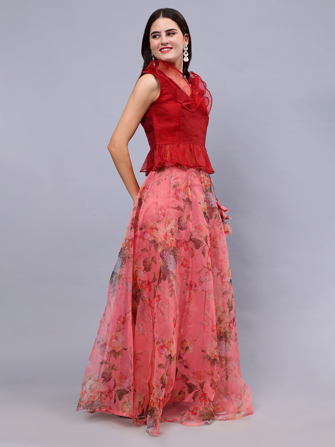 Frolic Rolic Maroon Organza V-Neck Top & Peach Floral Print Organza Maxi Skirt Co-Ords Set