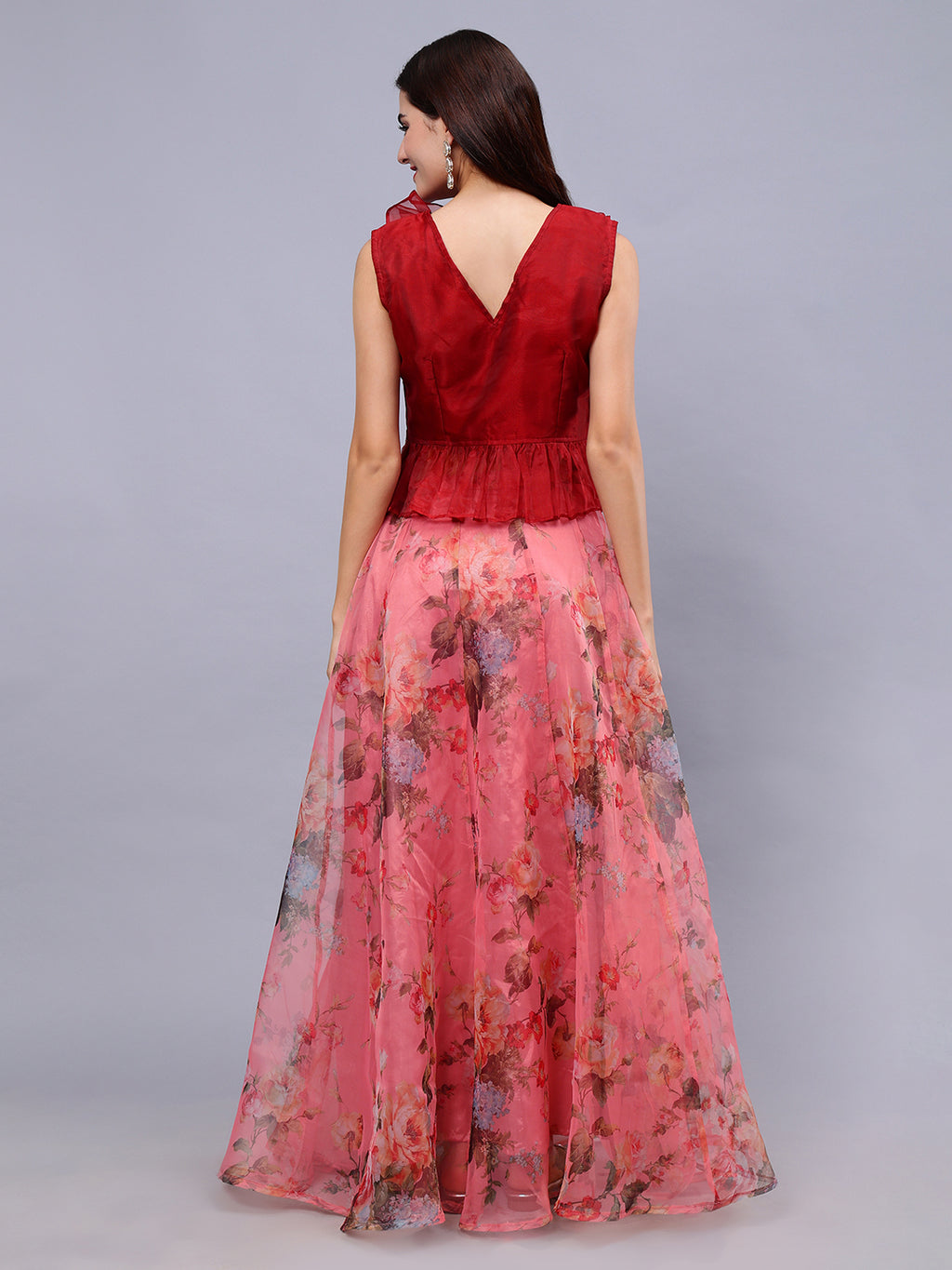 Frolic Rolic Maroon Organza V-Neck Top & Peach Floral Print Organza Maxi Skirt Co-Ords Set