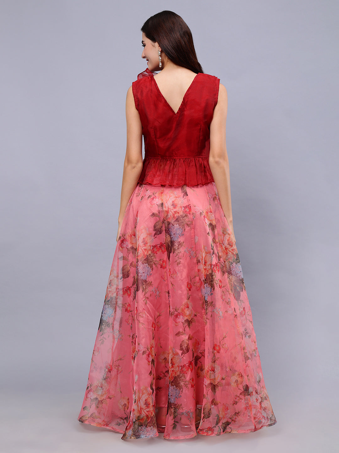 Frolic Rolic Maroon Organza V-Neck Top & Peach Floral Print Organza Maxi Skirt Co-Ords Set