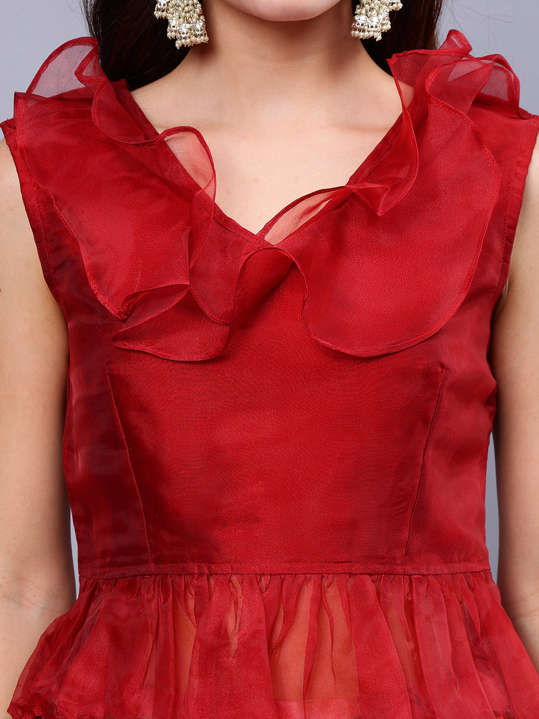 Frolic Rolic Maroon Organza V-Neck Top & Peach Floral Print Organza Maxi Skirt Co-Ords Set