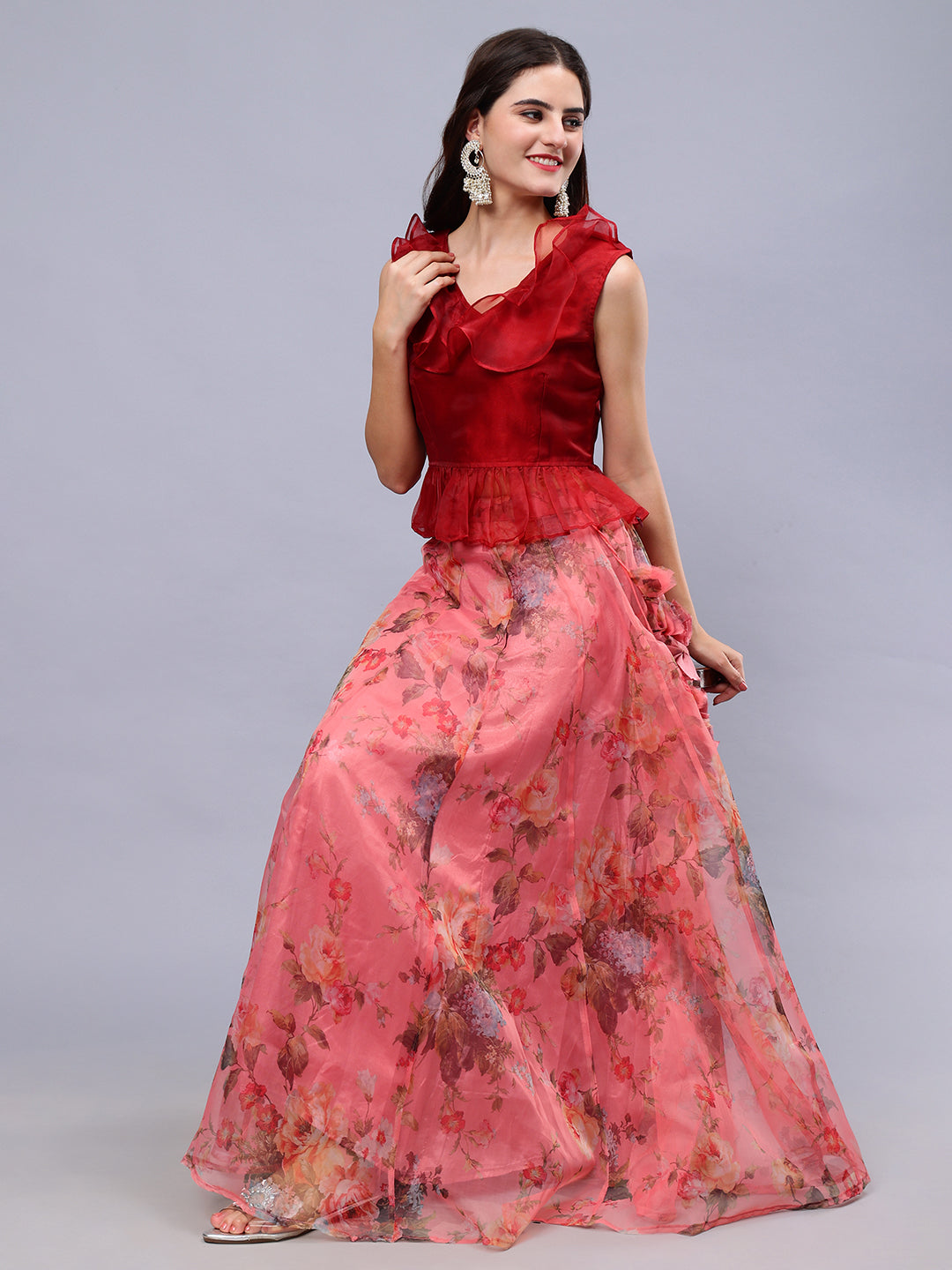 Frolic Rolic Maroon Organza V-Neck Top & Peach Floral Print Organza Maxi Skirt Co-Ords Set