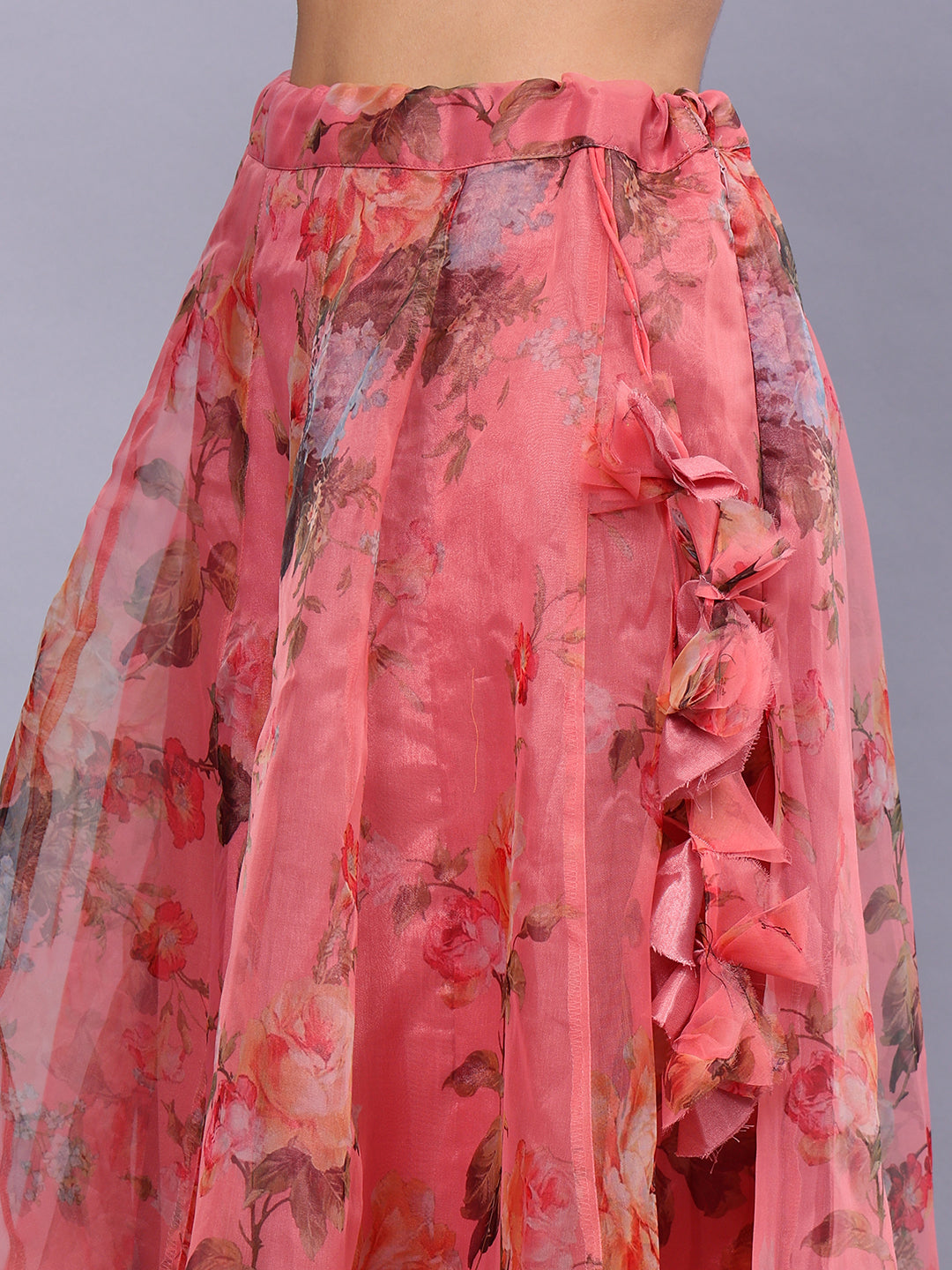 Frolic Rolic Maroon Organza V-Neck Top & Peach Floral Print Organza Maxi Skirt Co-Ords Set