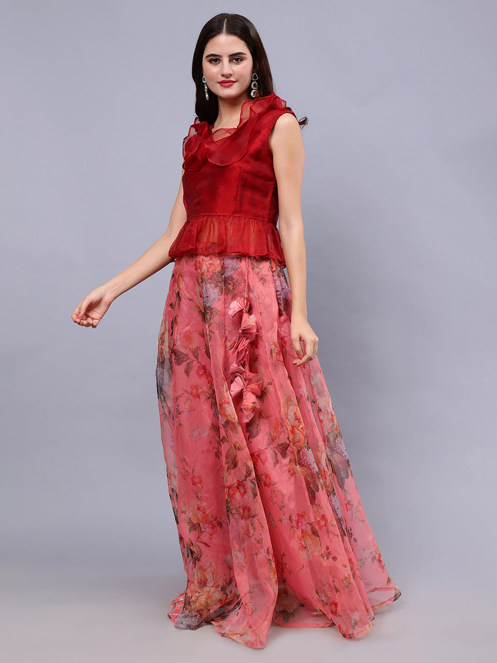Frolic Rolic Maroon Organza V-Neck Top & Peach Floral Print Organza Maxi Skirt Co-Ords Set