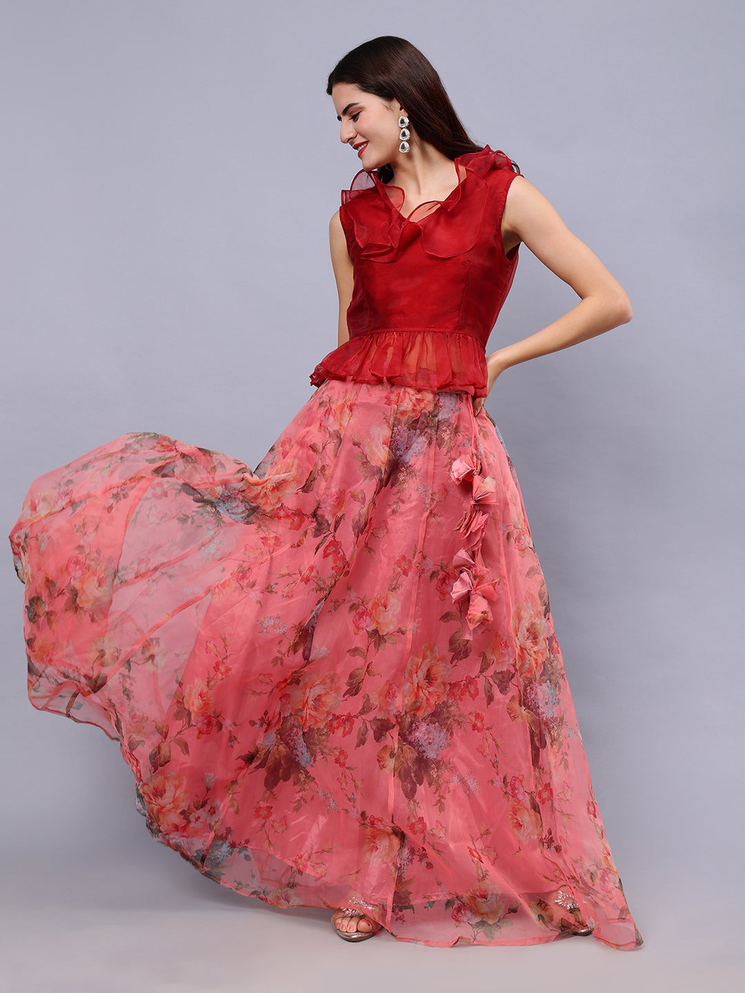 Frolic Rolic Maroon Organza V-Neck Top & Peach Floral Print Organza Maxi Skirt Co-Ords Set